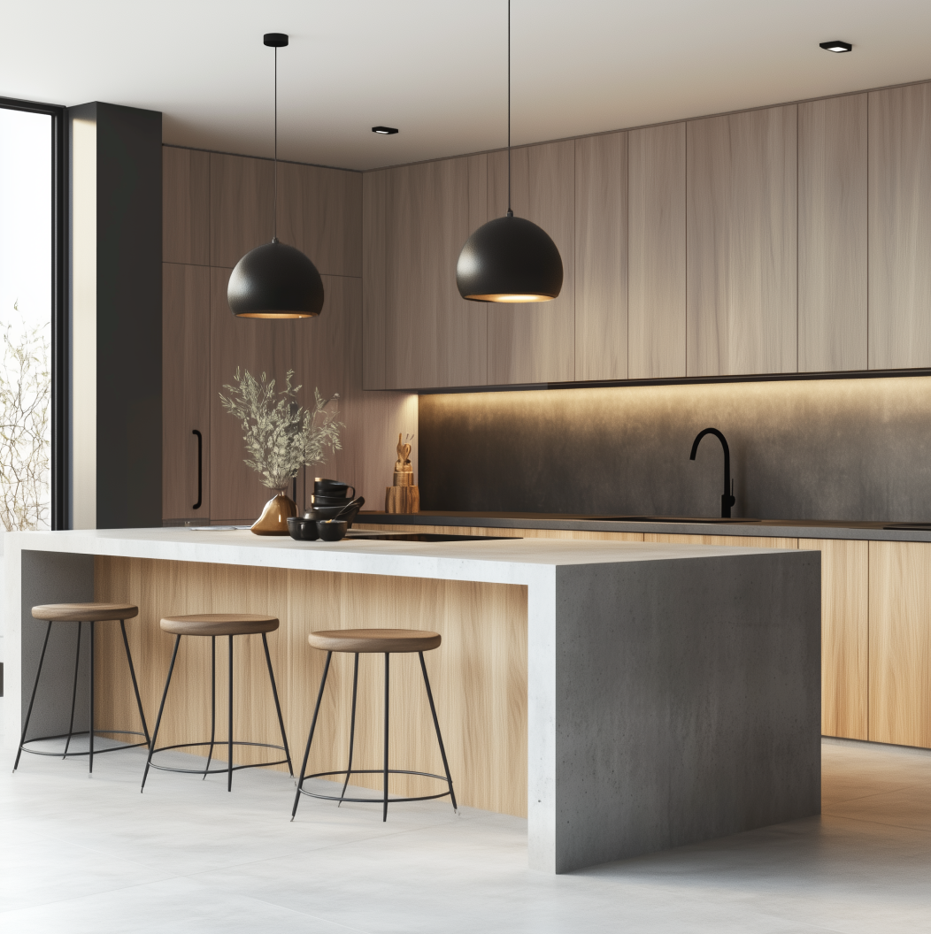 Modern Wooden Laminate Kitchen with Concrete Island and Black Accents | Material Depot