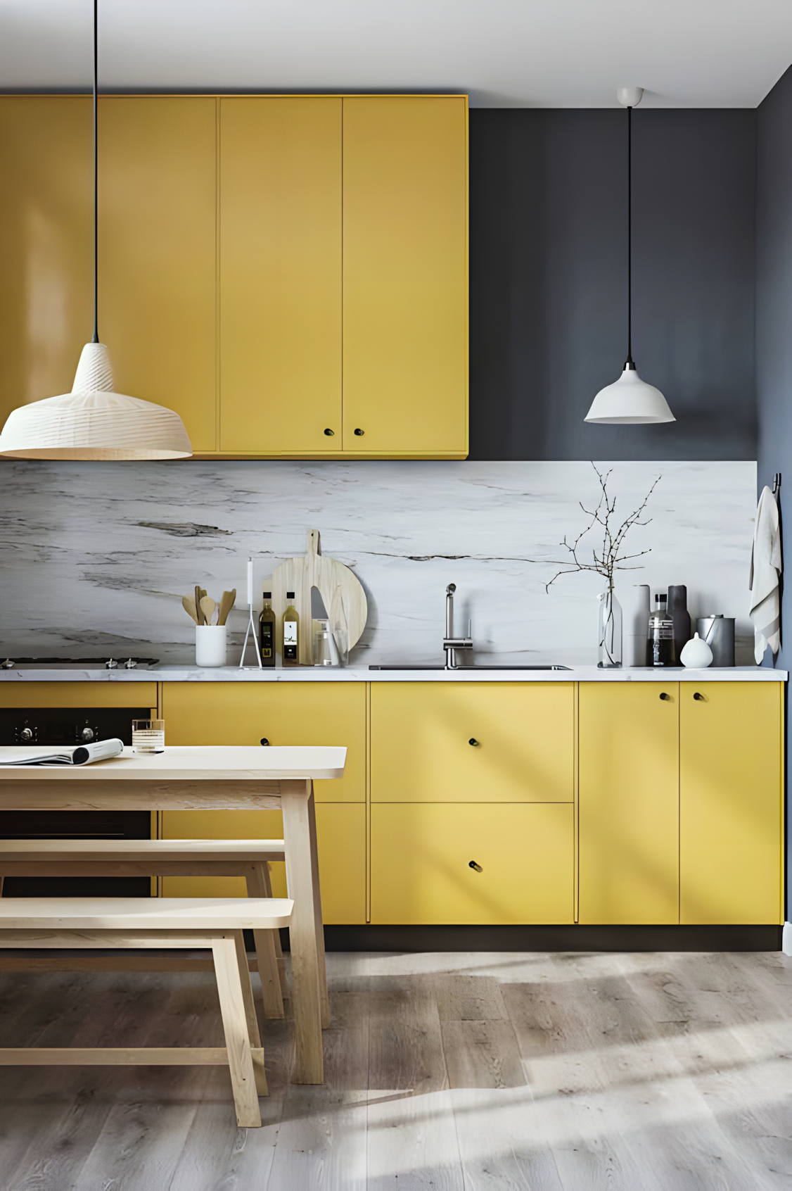 Modern Yellow And Grey Kitchen With Marble Accents | Material Depot