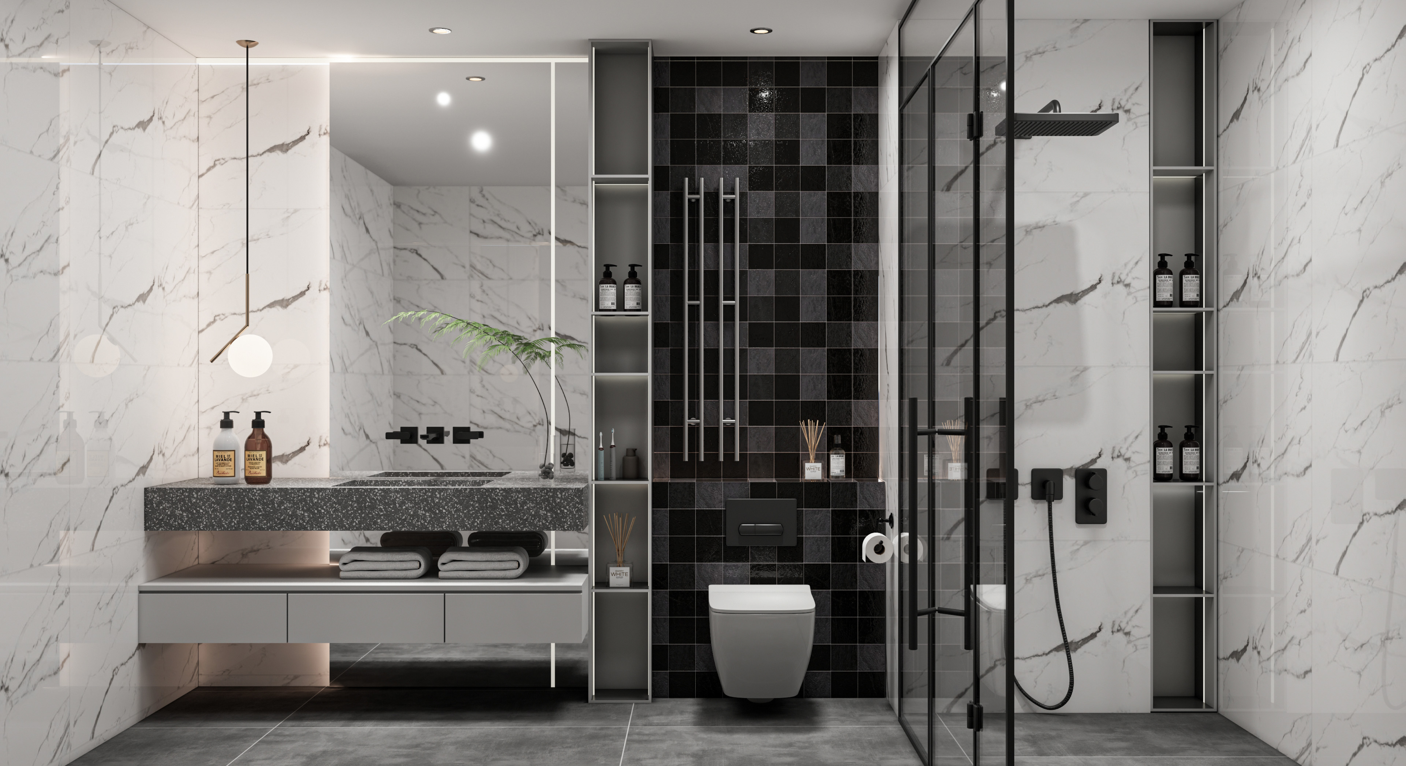 Monochrome Elegance Bathroom with Black and White Marble Highlights | Material Depot