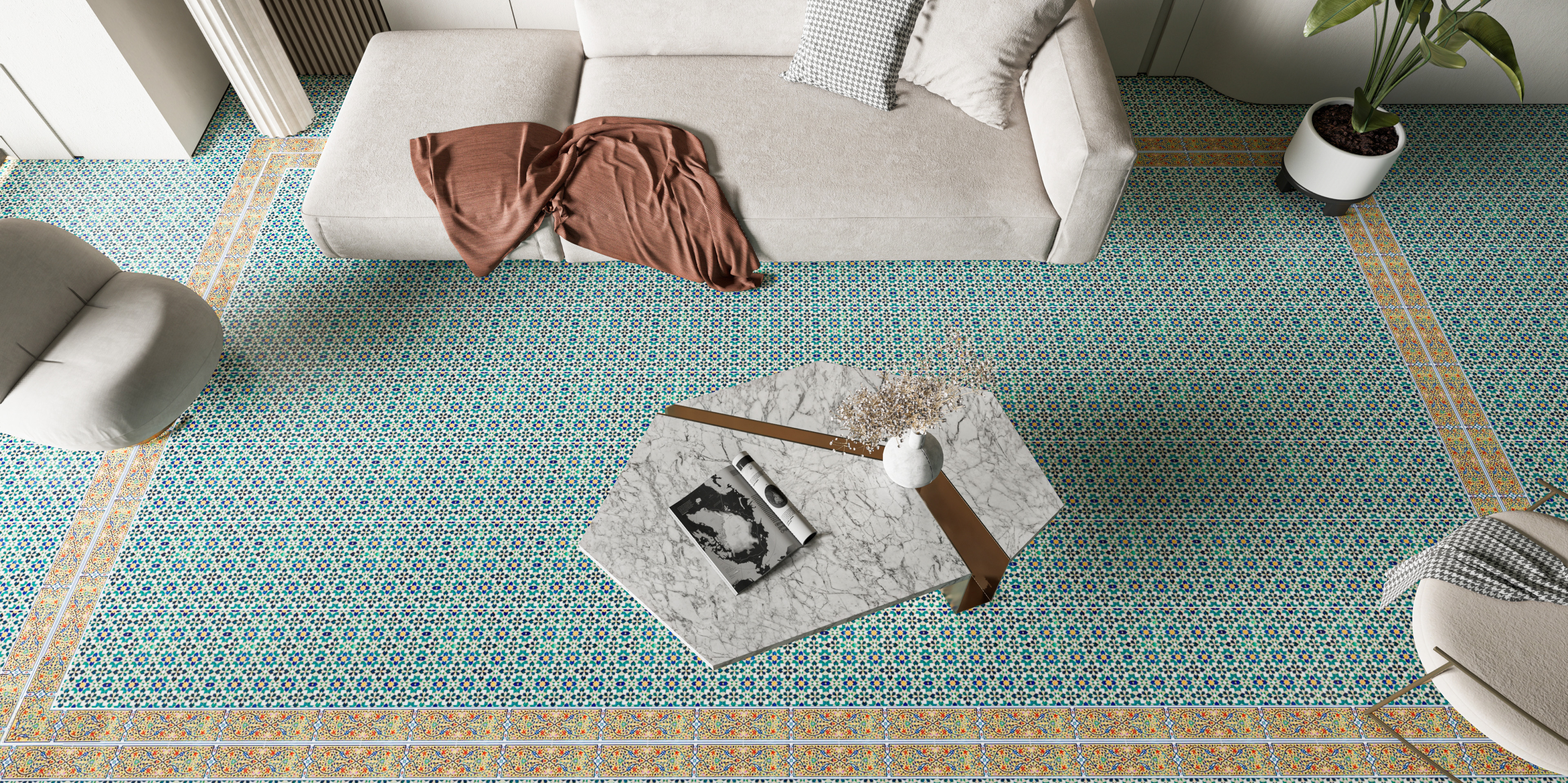 Moroccan themed Green and Yellow Floral pattern Carpet tiles in Living Room Flooring | Material Depot