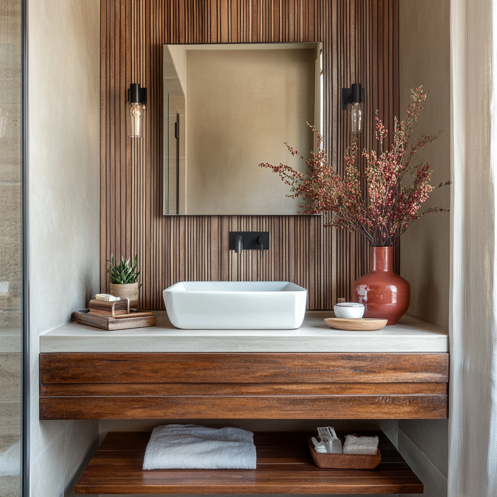 Natural Wood Bathroom with Modern Floating Vanity and Vessel Sink | Material Depot