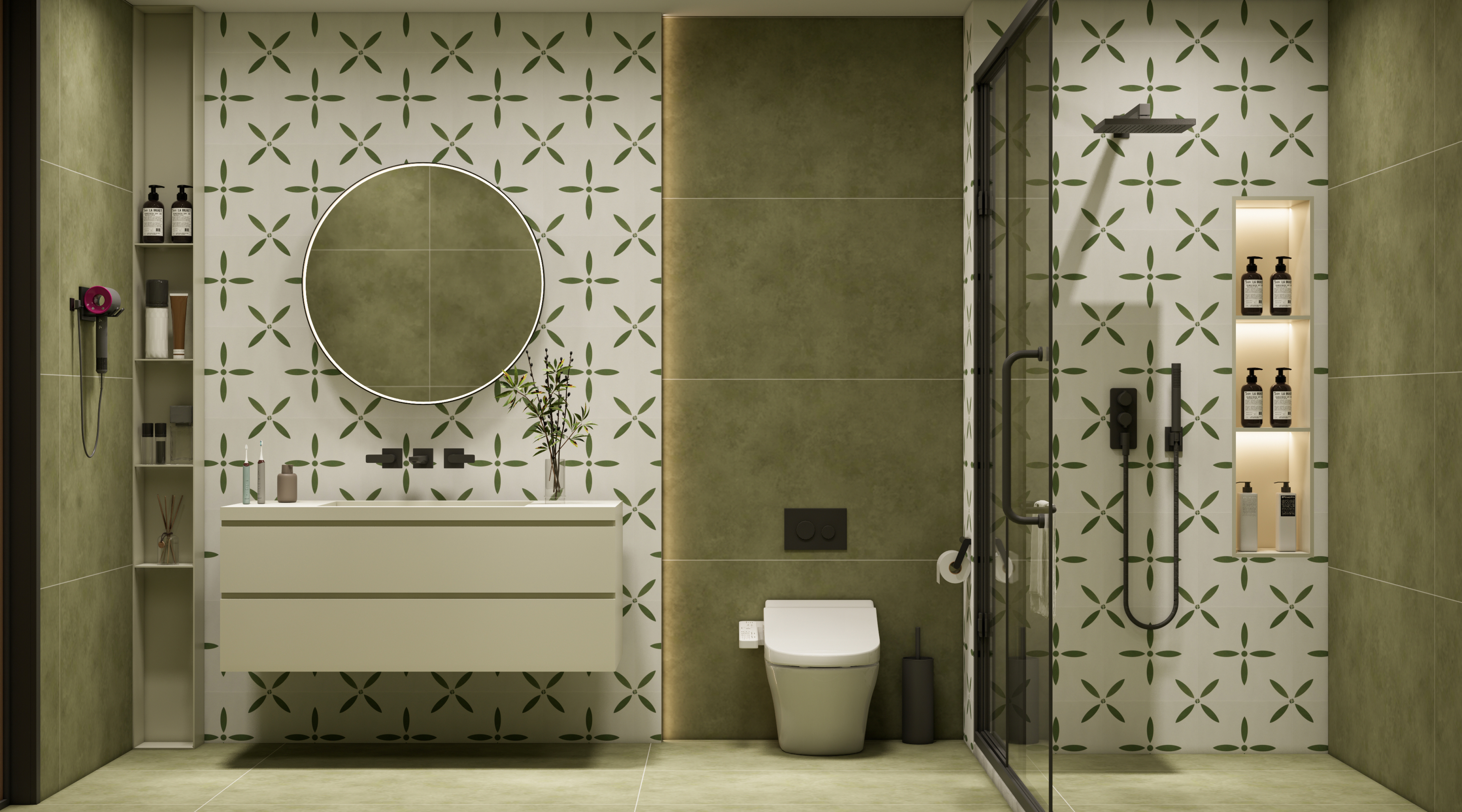 Nature-Inspired Bathroom with Green Patterned Tiles | Material Depot