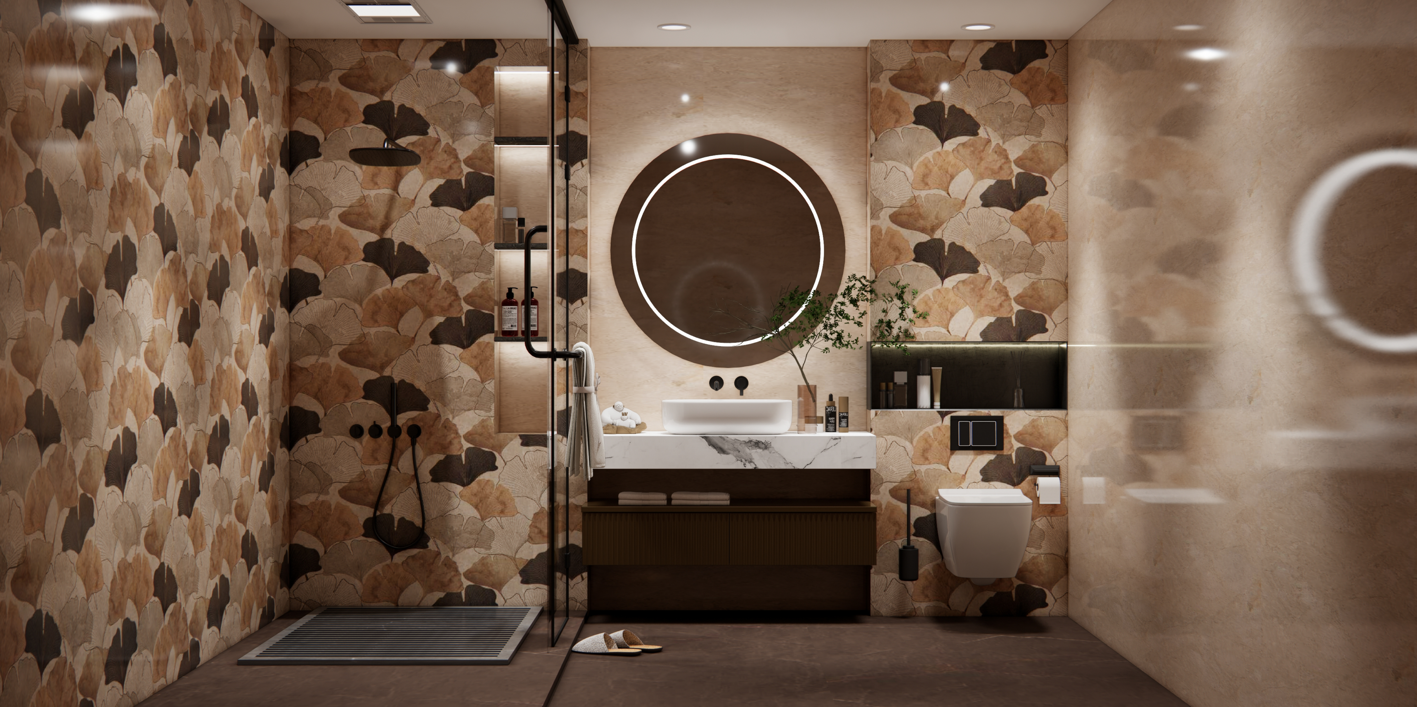 Nature-Inspired Bathroom with Leaf Motif Tiles and Elegant Accents | Material Depot