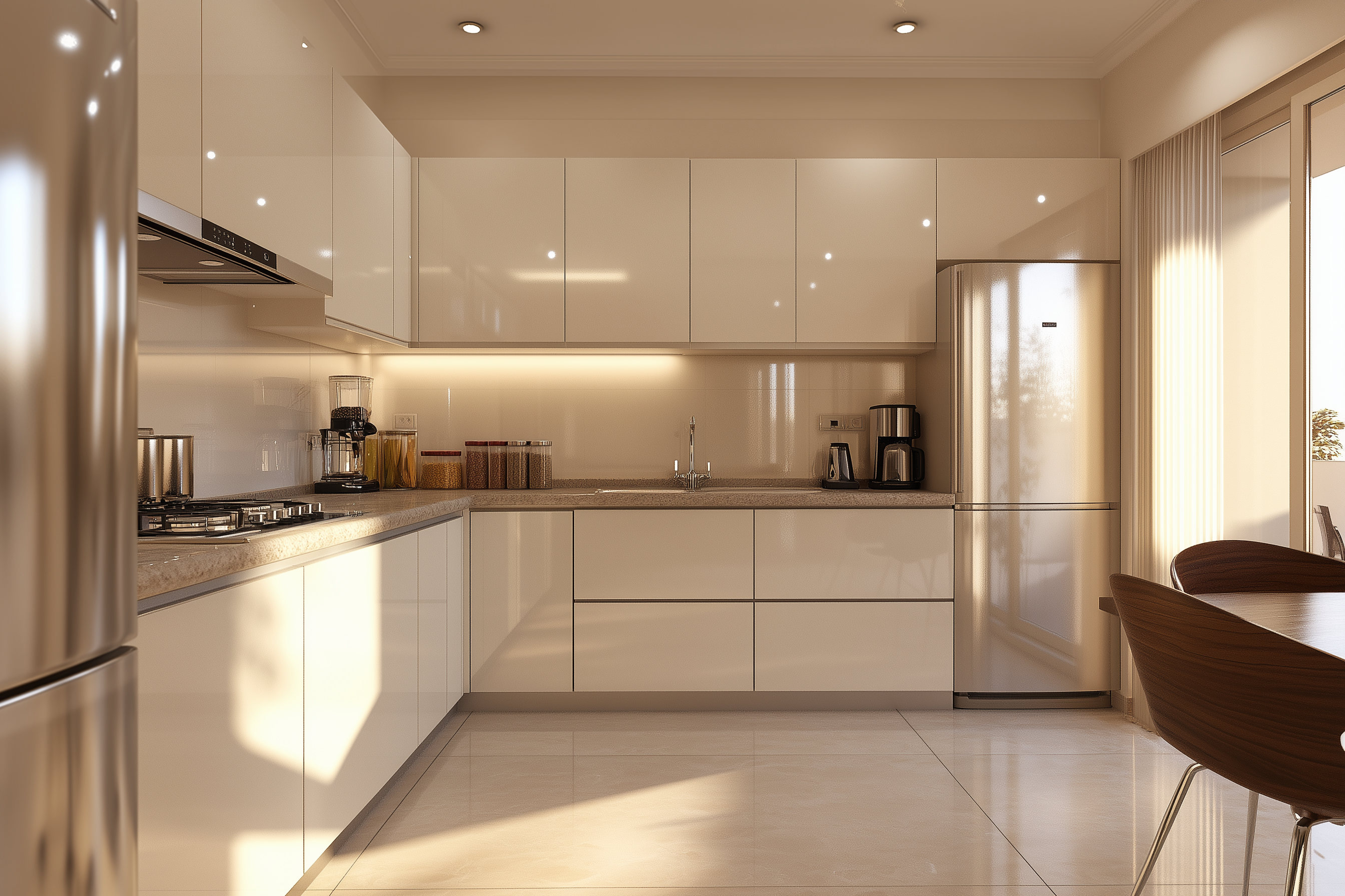 Neutral Glossy Kitchen with Bright Interiors and Minimalist Layout | Material Depot