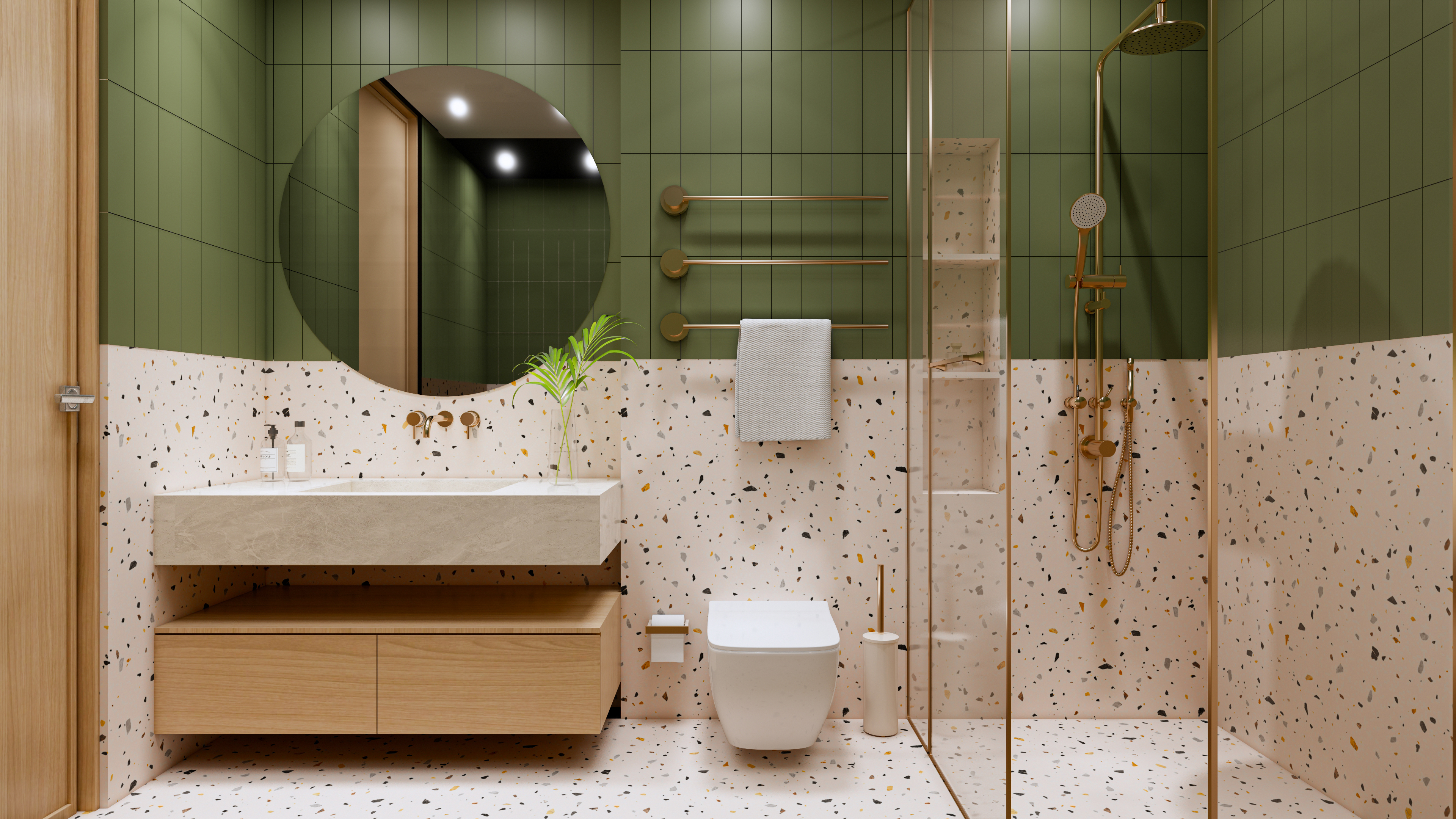 Olive Green & Terrazzo Harmony in a Fresh Modern Bathroom | Material Depot