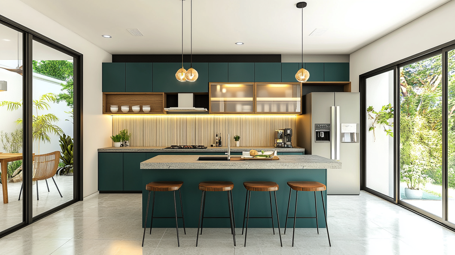 Open and Airy Kitchen with Teal Cabinets and a Marble Island | Material Depot