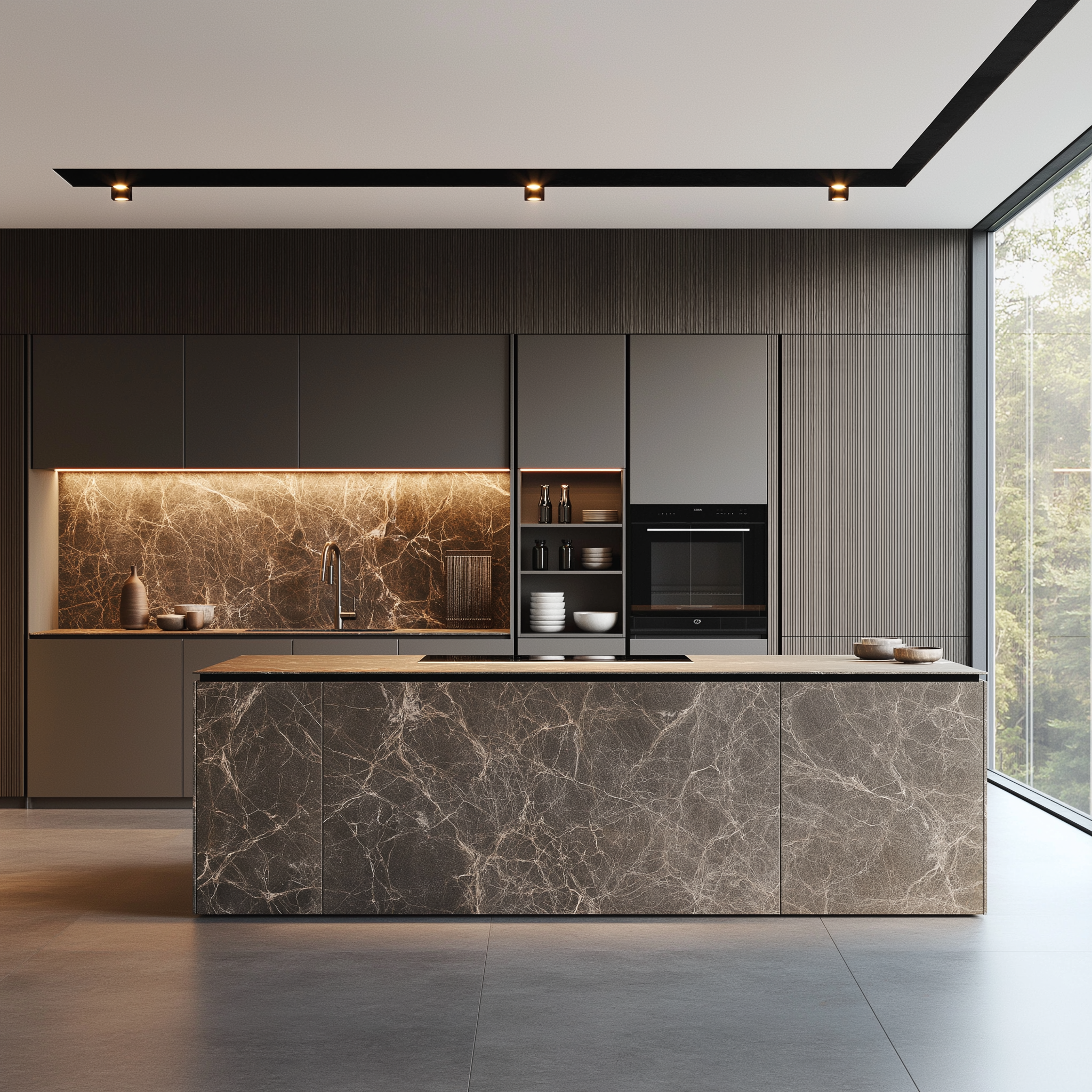 Opulent Dark Wood Kitchen with Gold-Lit Marble Backsplash and Luxurious Textures | Material Depot