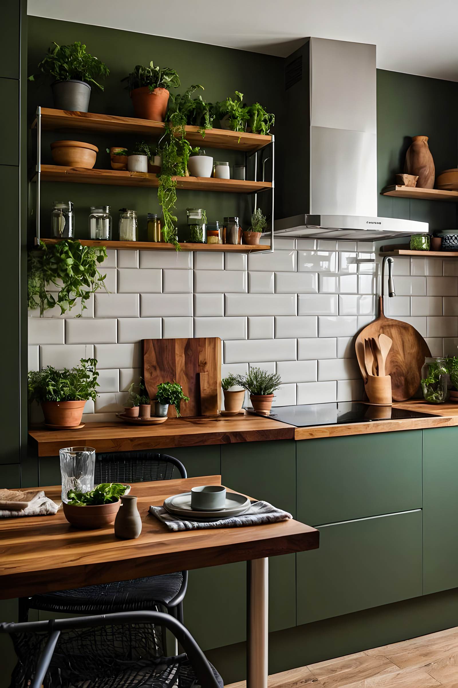 Organic kitchen with green cabinets, wooden countertops, and plenty of greenery for a fresh feel. | Material Depot