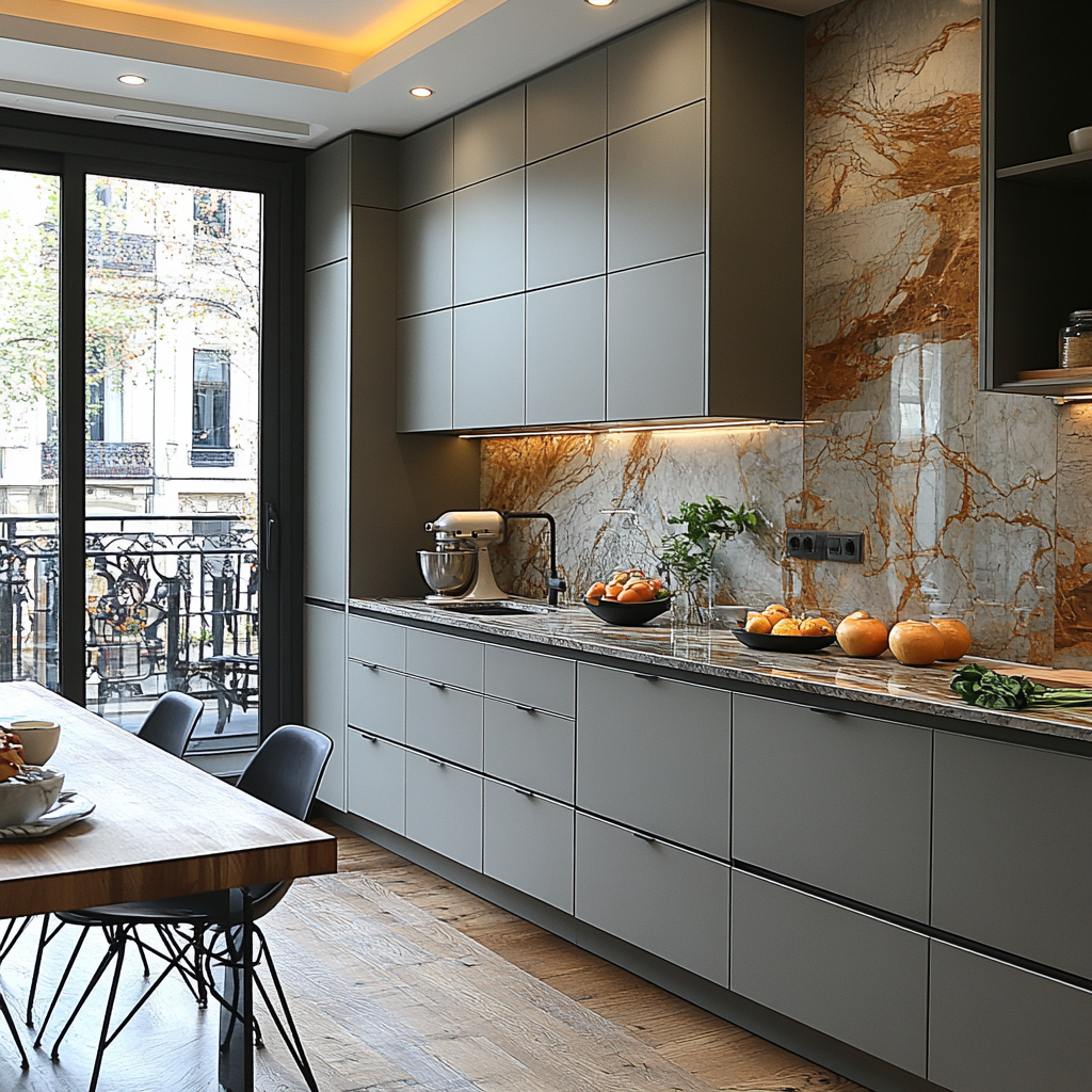 Parisian Charm: Elegant Grey Cabinetry and Marble Delight with a Balcony View | Material Depot