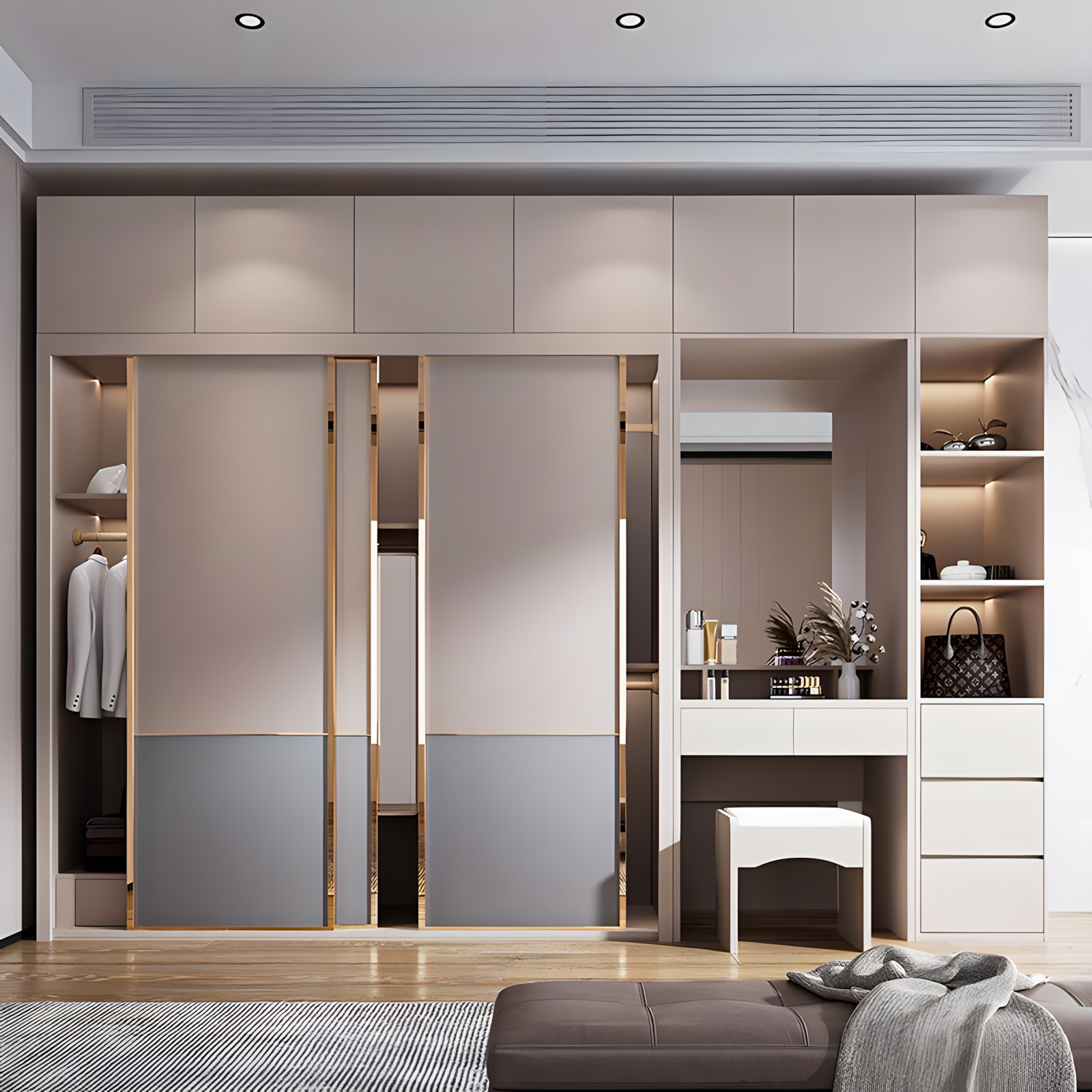 Pink Wardrobe with Vanity and Open Shelving | Material Depot