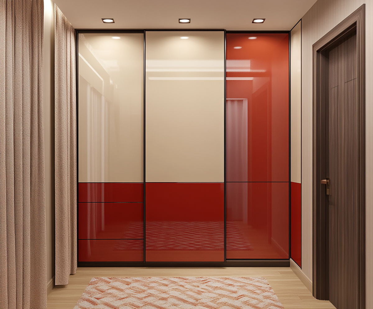 Red and White Glossy Sliding Wardrobe in Modern Bedroom | Material Depot