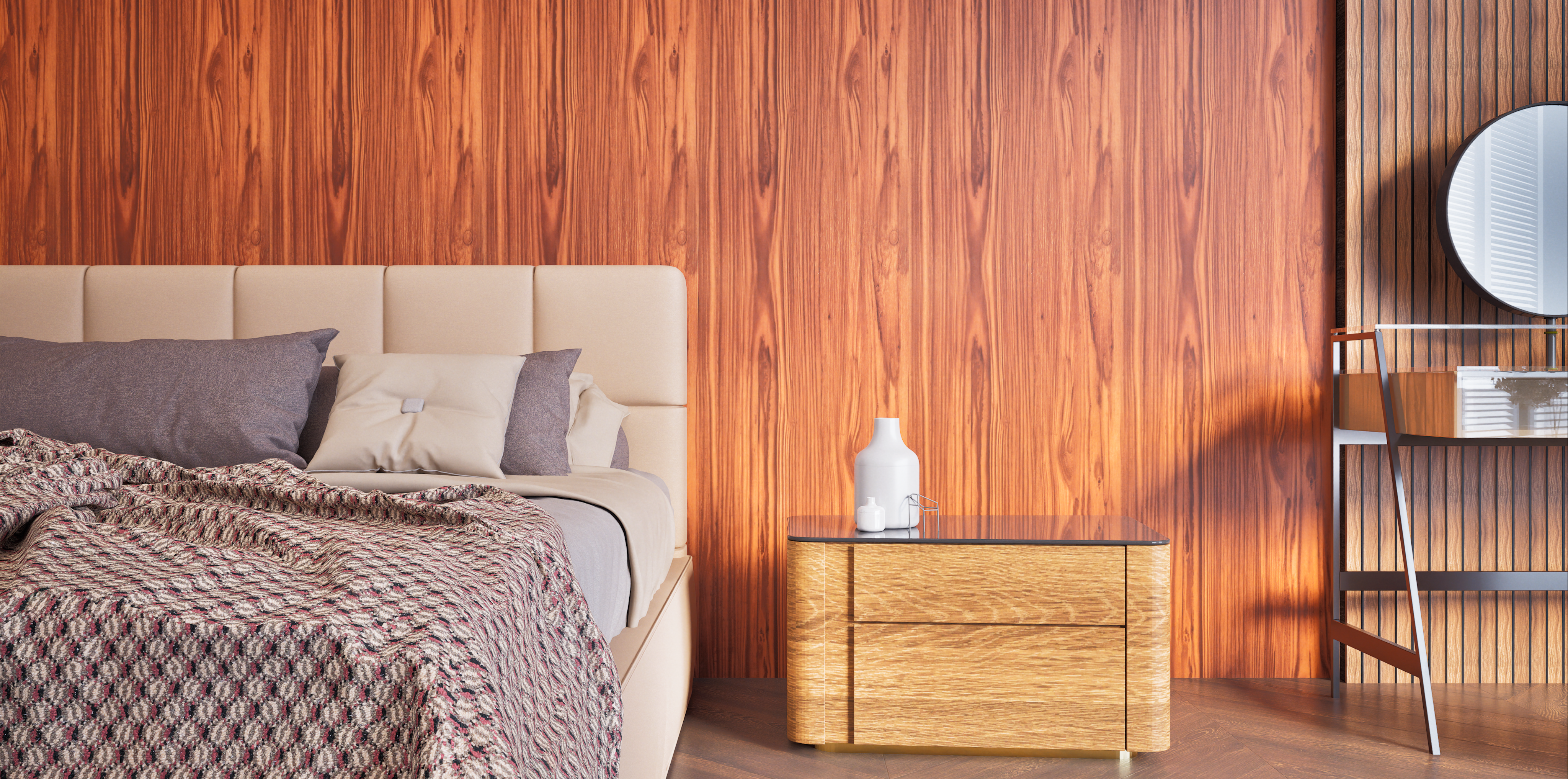 Rich Wooden Accent Wall with Natural Grain Patterns in Bedroom | Material Depot