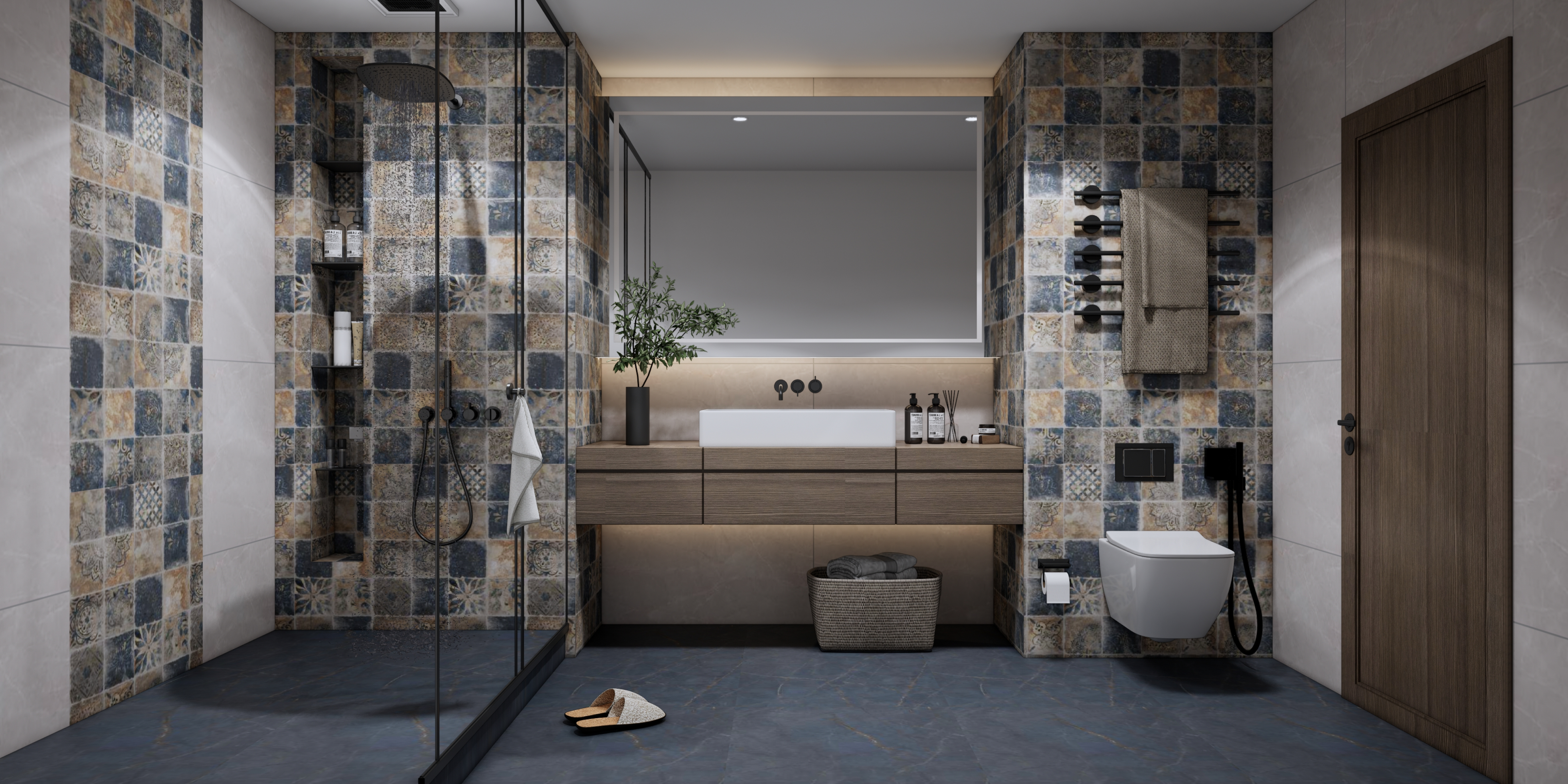 Rustic Bathroom with Patterned Mosaic Tiles and Wooden Vanity | Material Depot