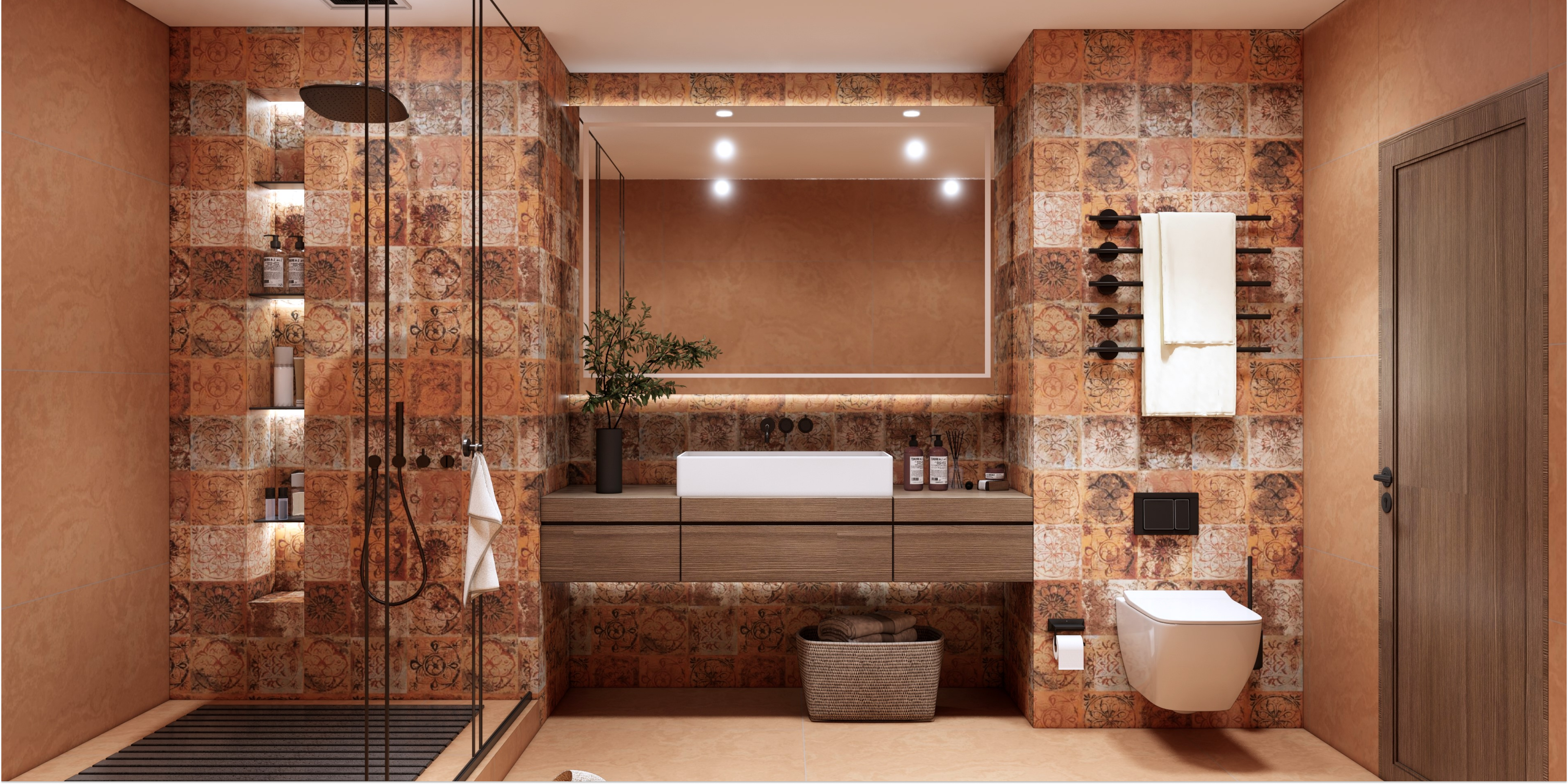 Rustic Charm Bathroom with Terracotta Tones and Vintage Patterns | Material Depot