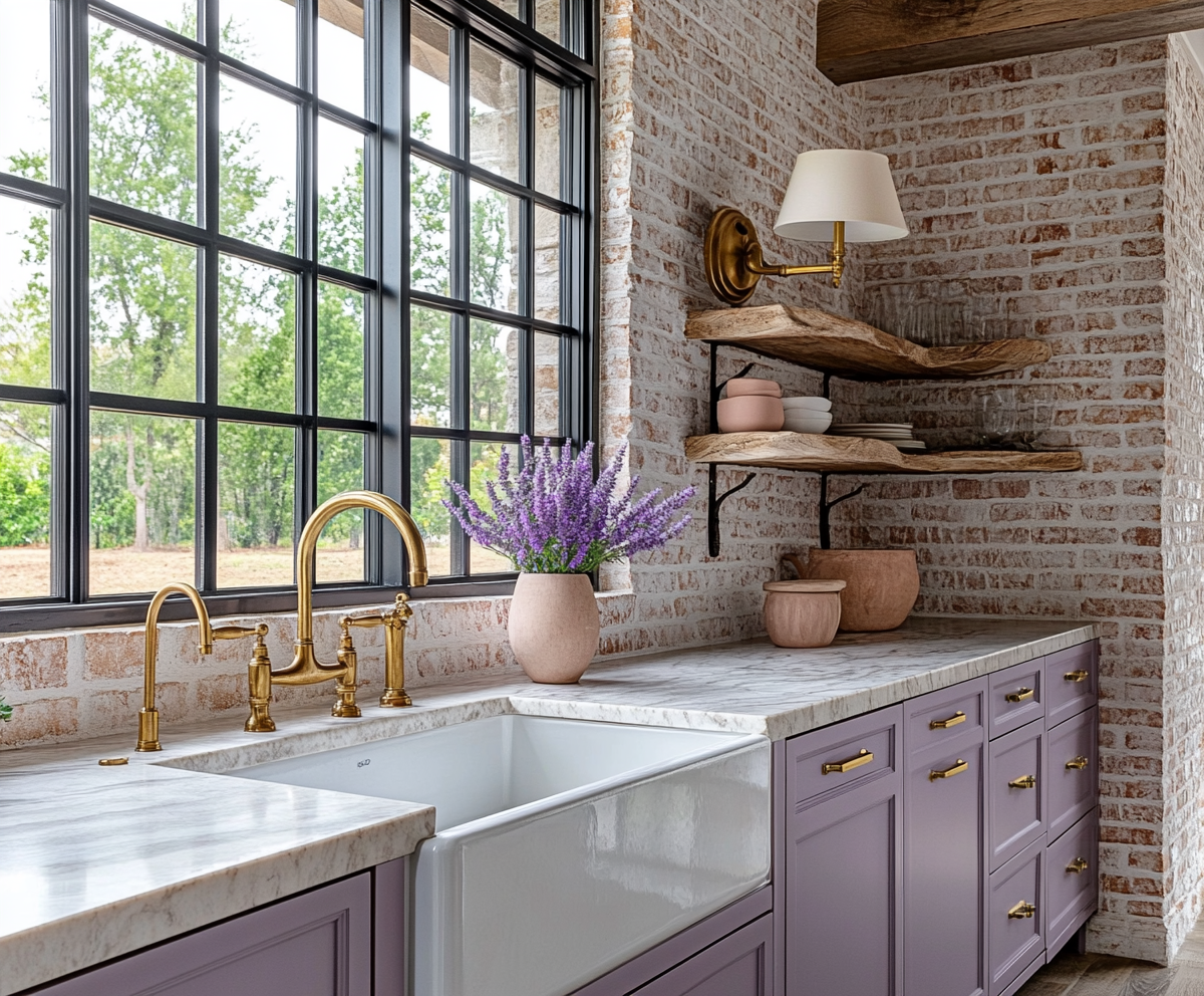 Rustic Charm Kitchen with Brick Accent Wall and Farmhouse Sink | Material Depot