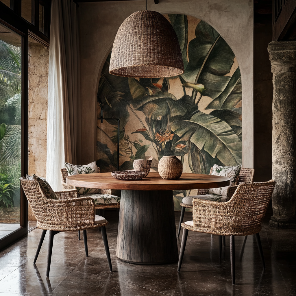 Rustic Dining Area with Woven Furniture and Tropical Mural | Material Depot