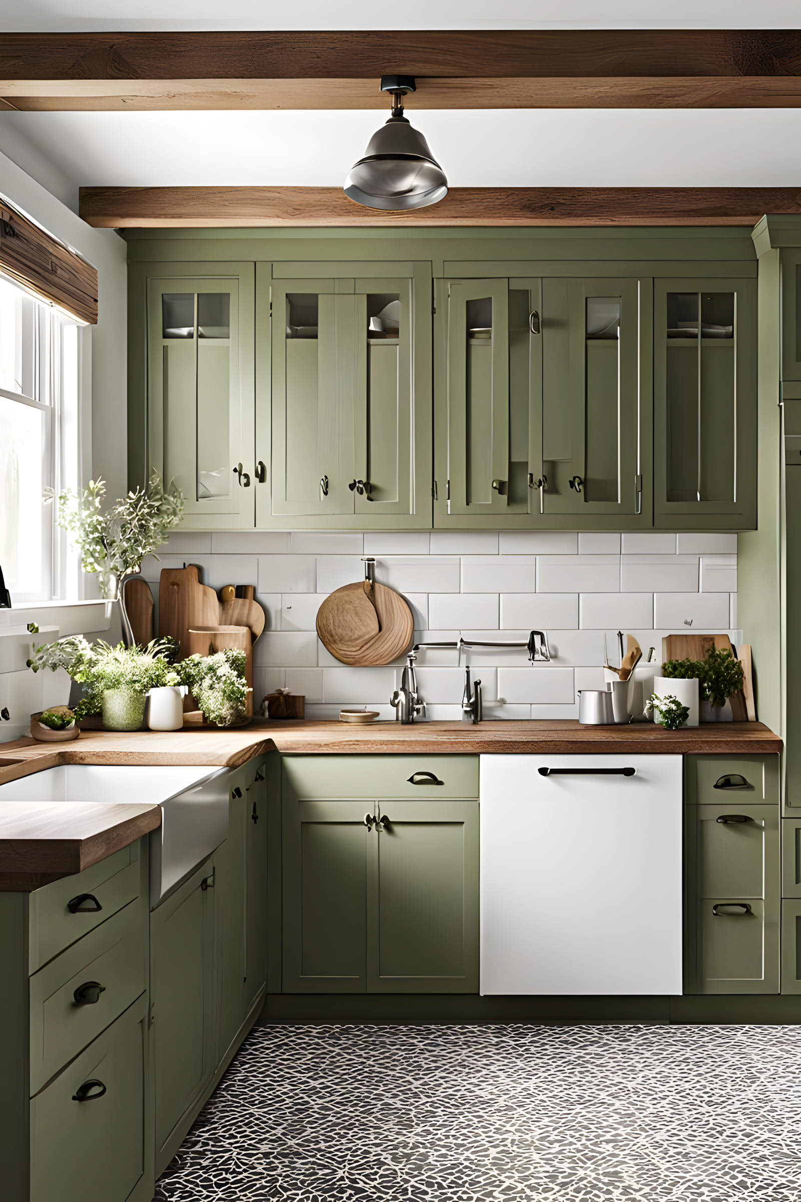 Rustic Farmhouse Kitchen with Sage Green Cabinets | Material Depot