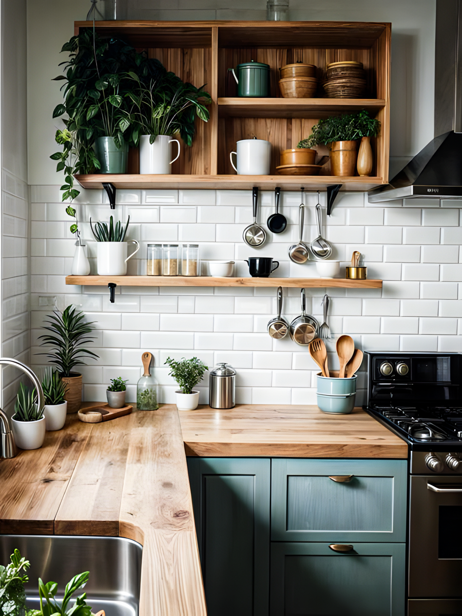 Rustic Kitchen with Greenery and Open Shelving and white backspalsh | Material Depot