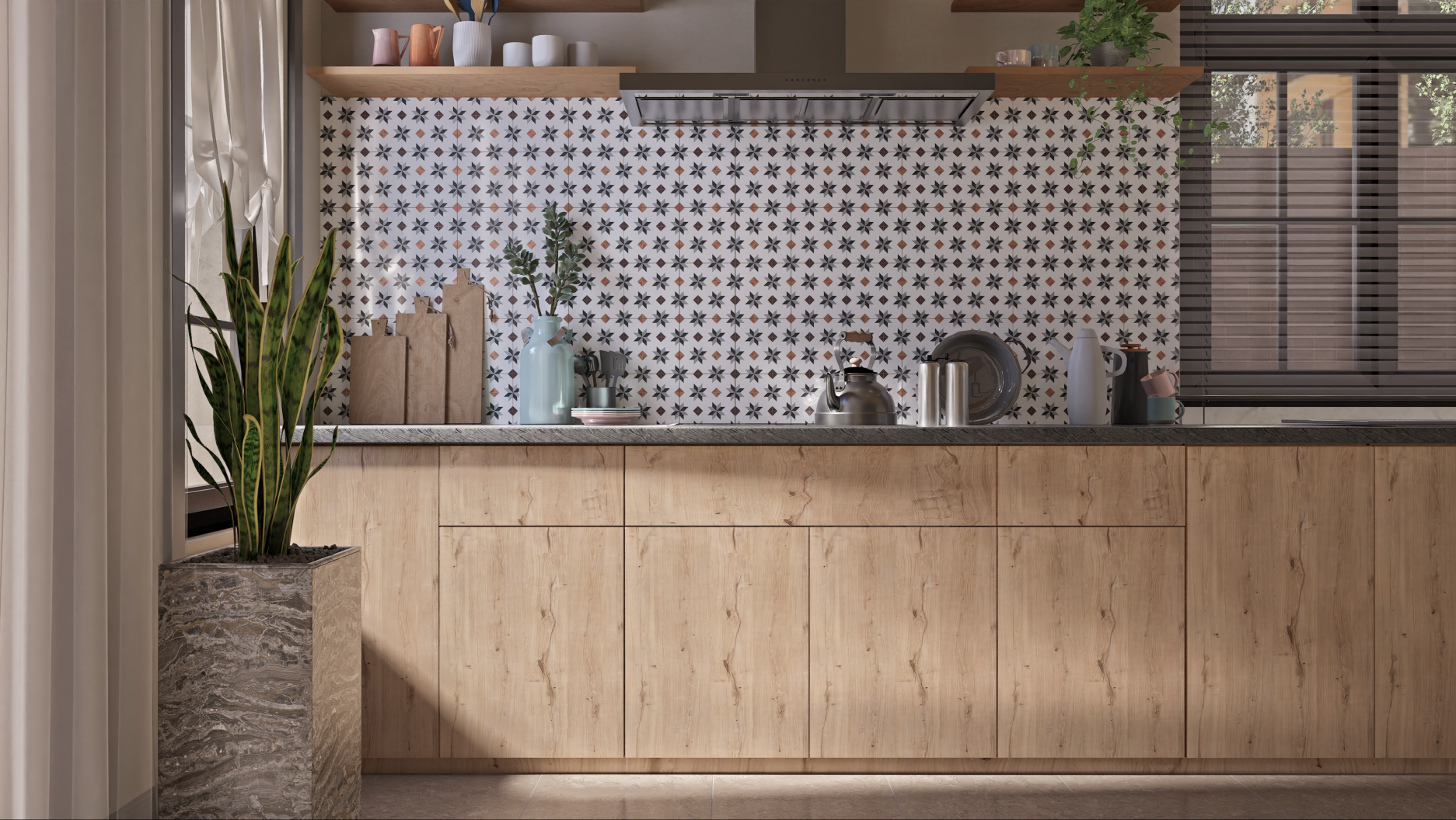 Rustic Wooden Laminate Cabinets with Patterned Backsplash for Cozy Kitchen Design | Material Depot