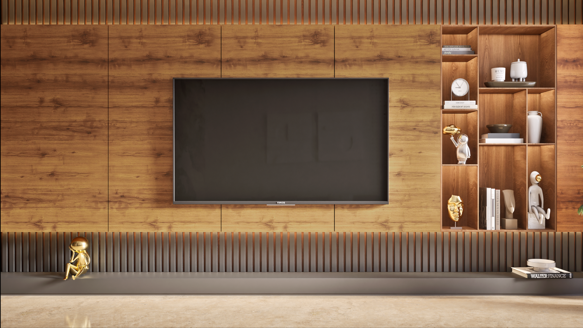 Rustic Wooden Laminate TV Unit with Fluted Paneling for Stylish Living Room | Material Depot