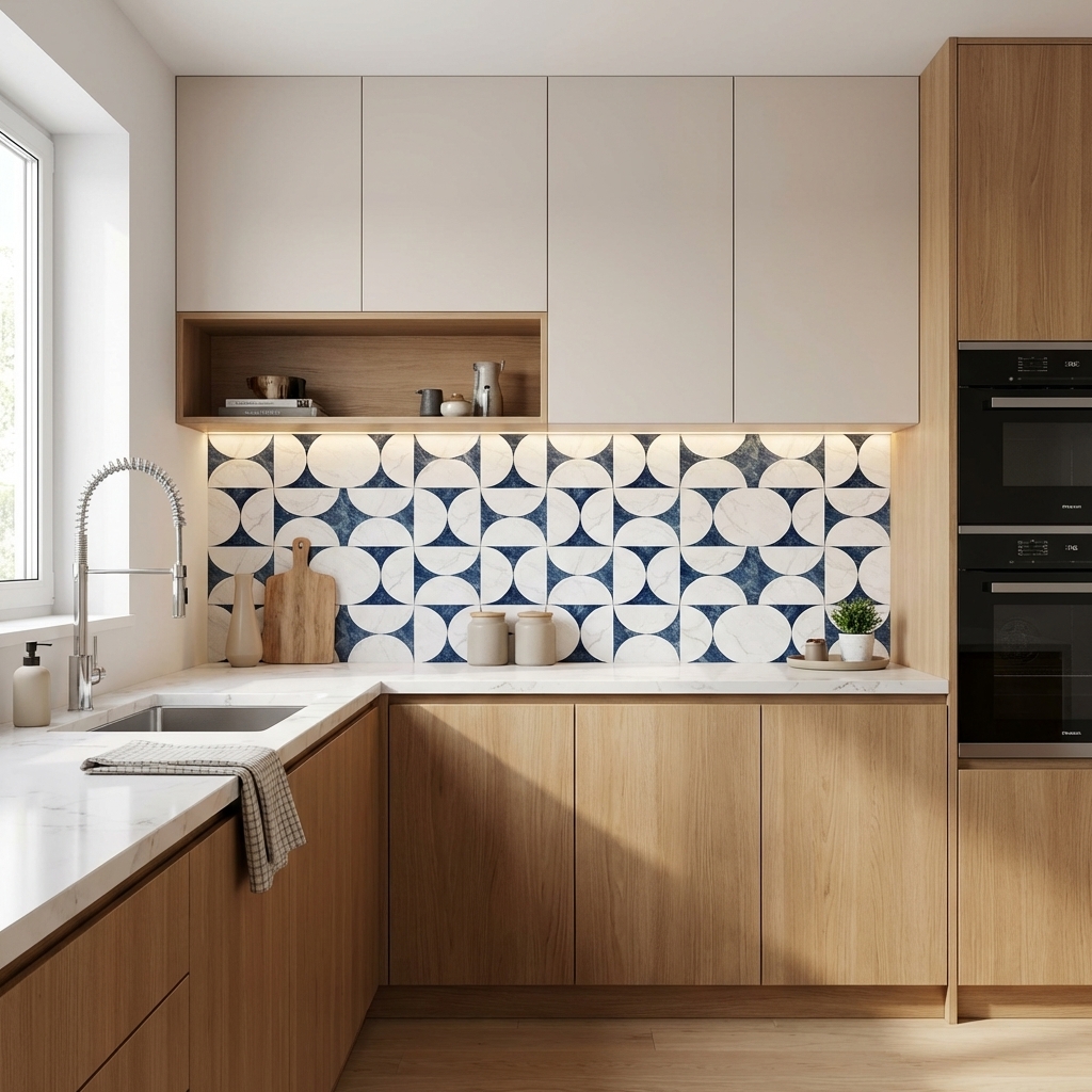 Scandinavian kitchen with oak wood laminate, white quartz countertop ...