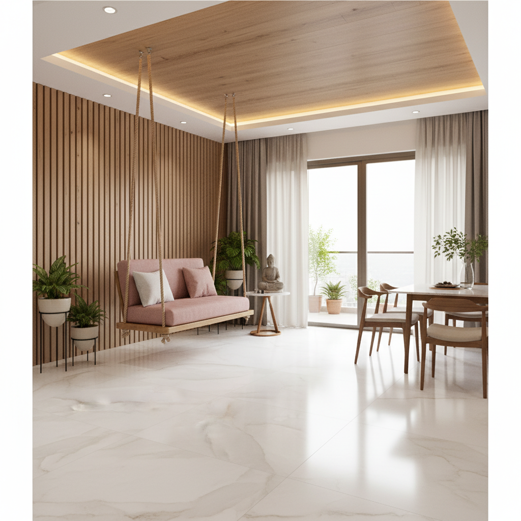 Scandinavian living room with wood louver wall, marble-look floor tiles ...
