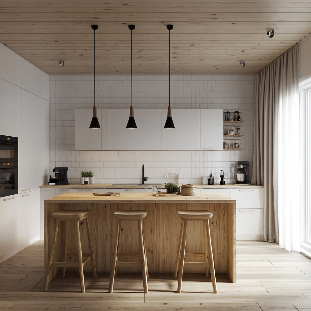 Scandinavian-Inspired Kitchen with Wood Accents and Pendant Lights | Material Depot