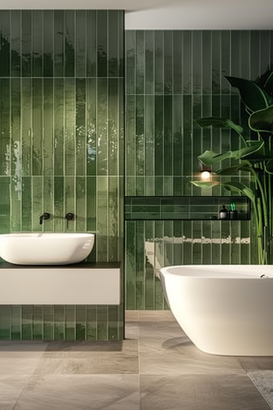 Serene Bathroom with Green Subway Tiles | Material Depot