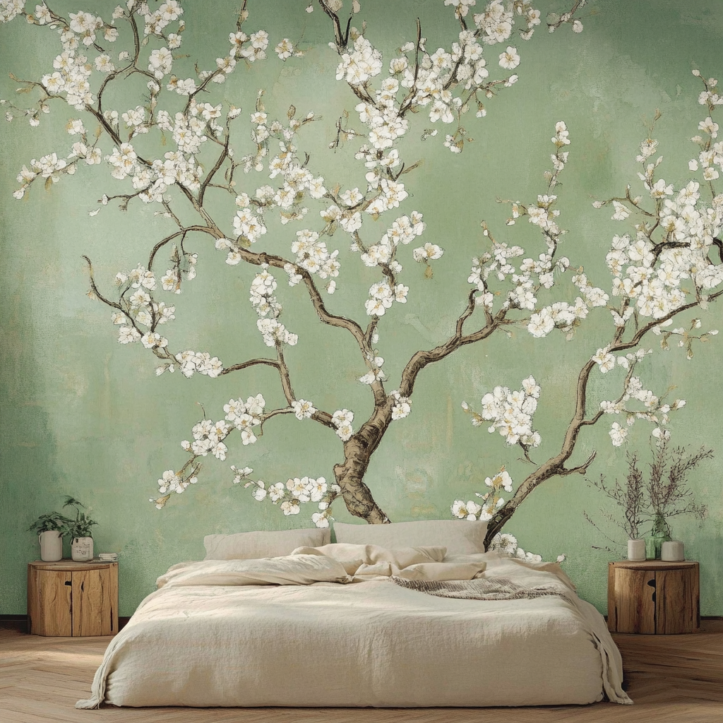 Serene Bedroom with Nature-Inspired Floral Wall Mural | Material Depot