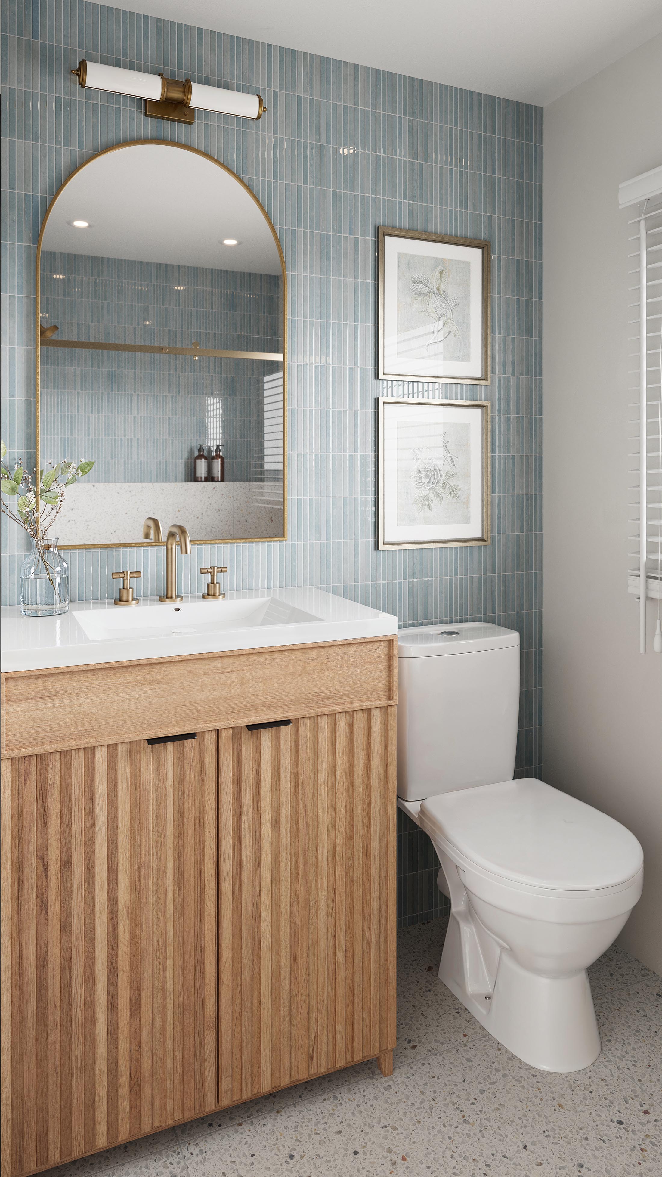 Serene Blue Tile Bathroom with Wood Vanity | Material Depot