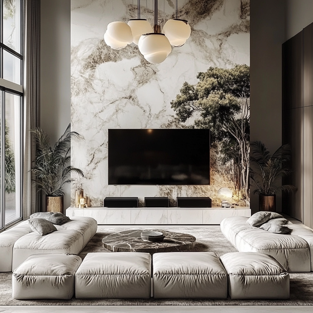 Serene Living Room with Nature-Inspired Marble Wall and Modular Seating | Material Depot