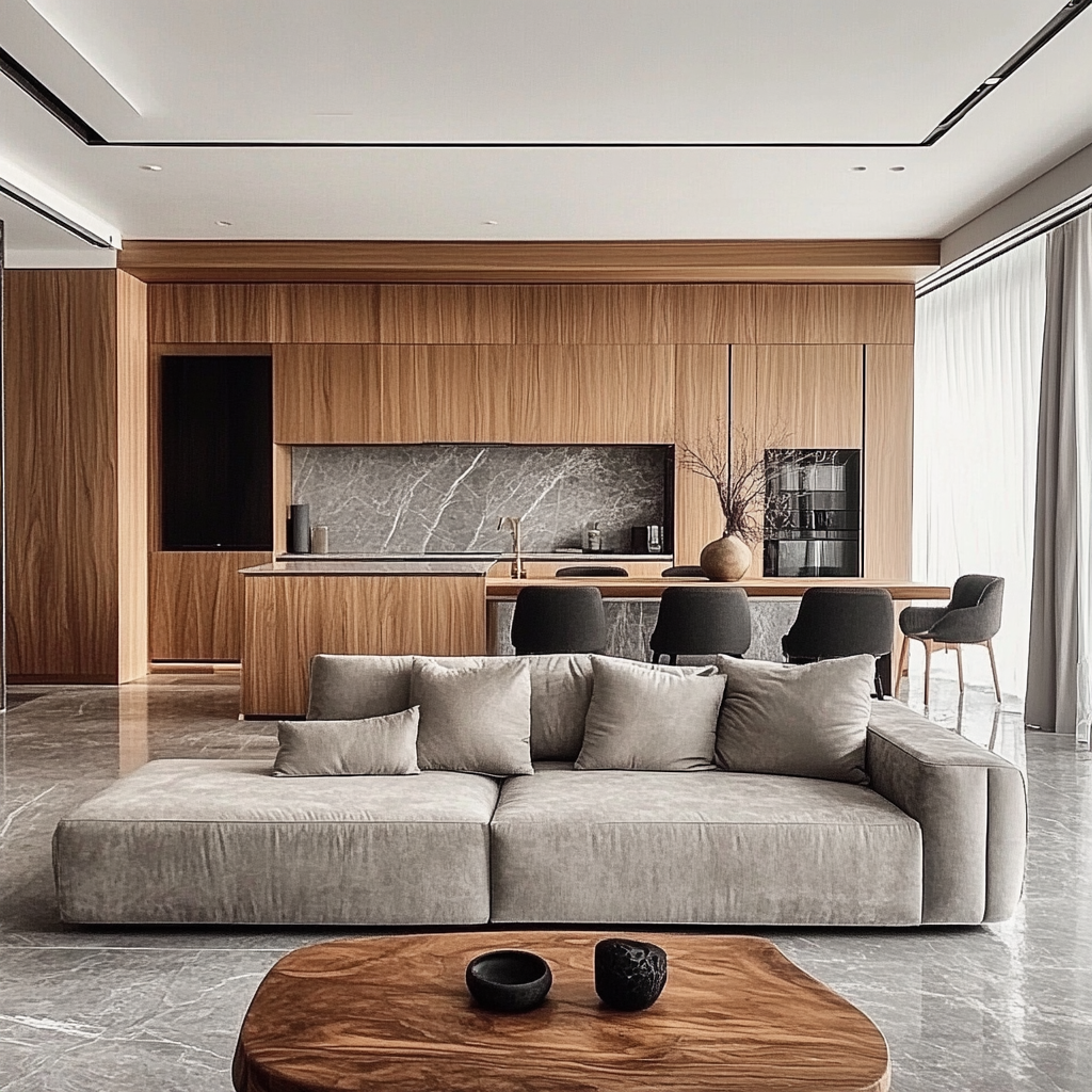 Serene Minimalism: A Modern Open-Concept Living Space with Wood Accents | Material Depot