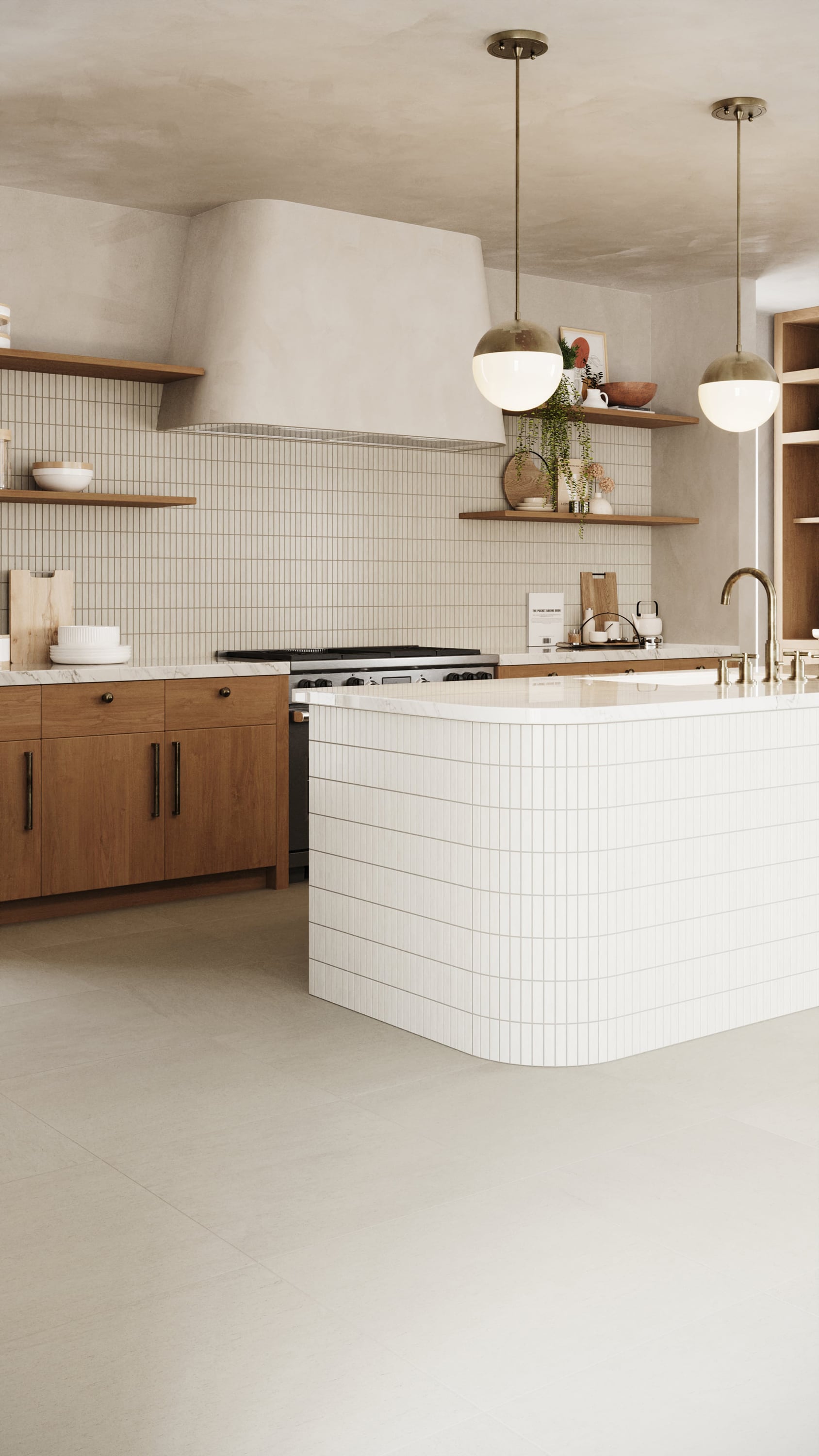 Serene Minimalist Kitchen with White Porcelain Tile Backsplash and Warm Wood Accents | Material Depot