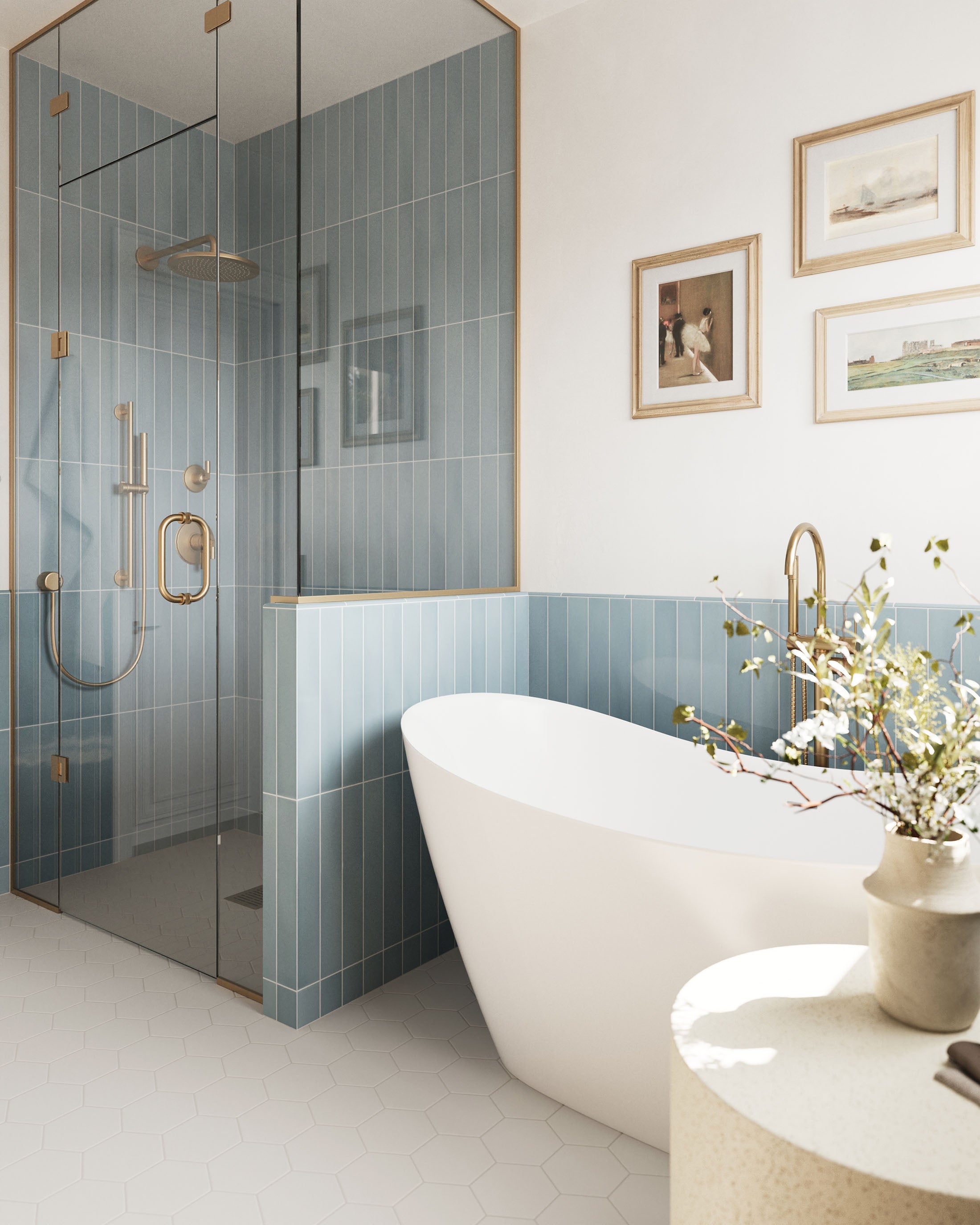 Serene Modern Bathroom with Blue Tiled Shower and Freestanding Tub, and White Tile Floor | Material Depot