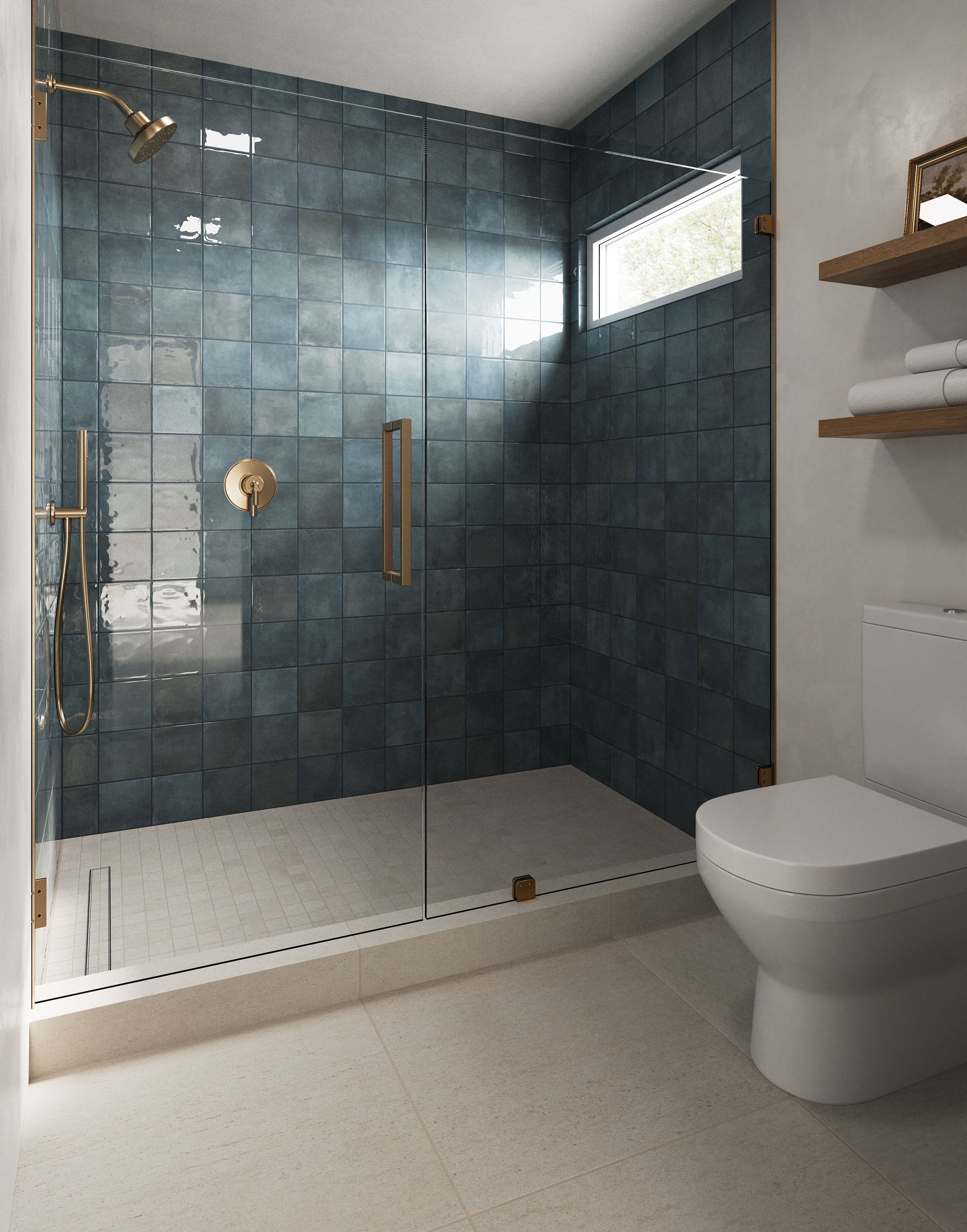 Serene Modern Bathroom with Blue Tiled Walk-In Shower and White Tile Floor | Material Depot