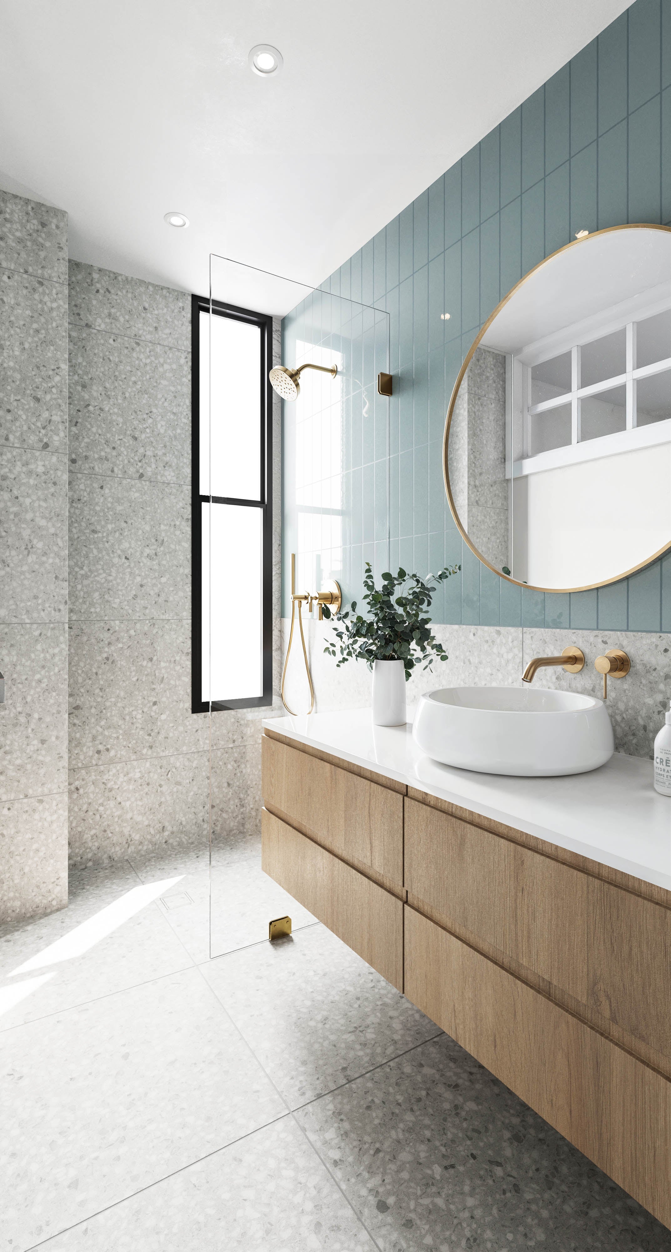 Serene Modern Bathroom with Blue Tiled Wall, Terrazzo Floor, and Wood Vanity | Material Depot