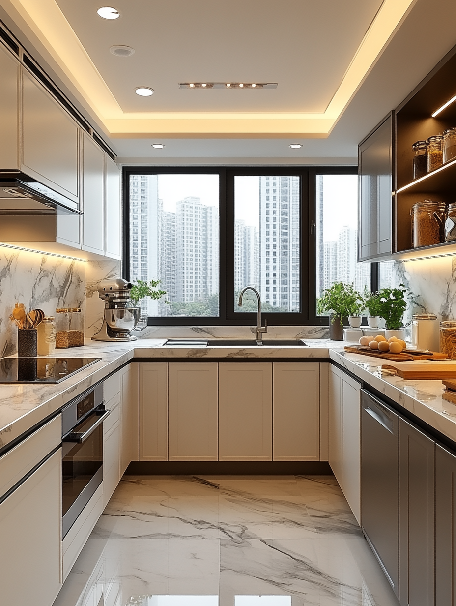 Skyline Sophistication: High-Rise Kitchen with Luxurious Marble and Panoramic City Views | Material Depot