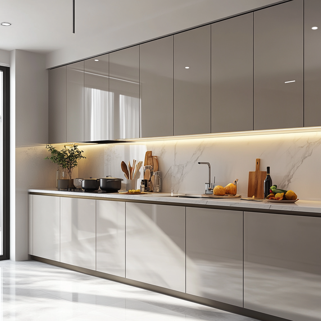 Sleek and Minimalist Gray Kitchen with Marble Backsplash and Modern Fixtures | Material Depot