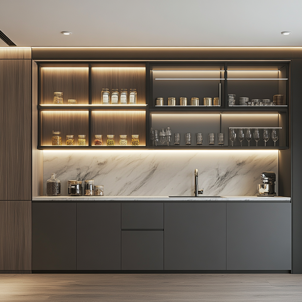 Sleek and Minimalist Modern Kitchen with Dark Cabinetry, Marble Backsplash, and Warm Wood Accents | Material Depot