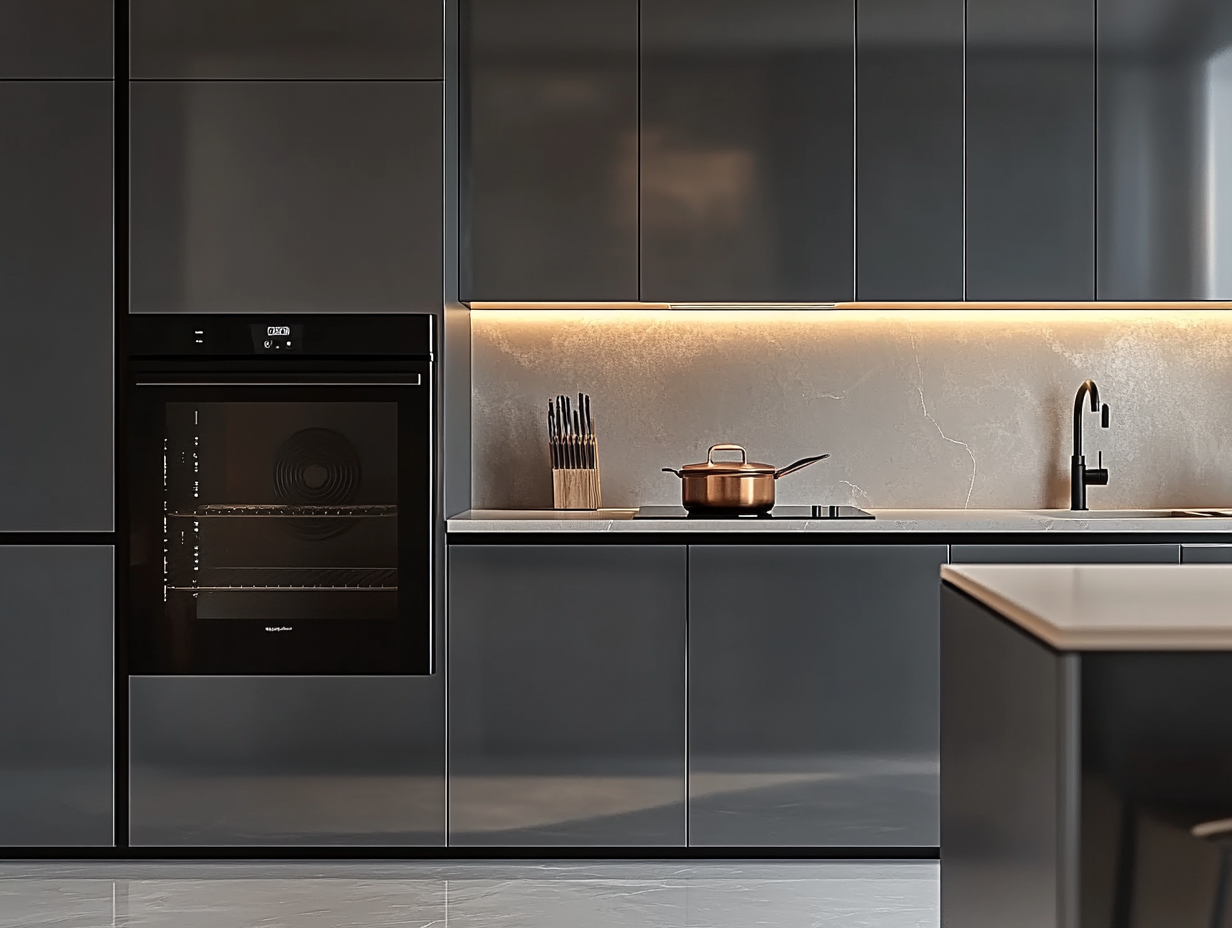 Sleek and Modern Charcoal Gray Kitchen with Integrated Lighting and Marble Backsplash | Material Depot