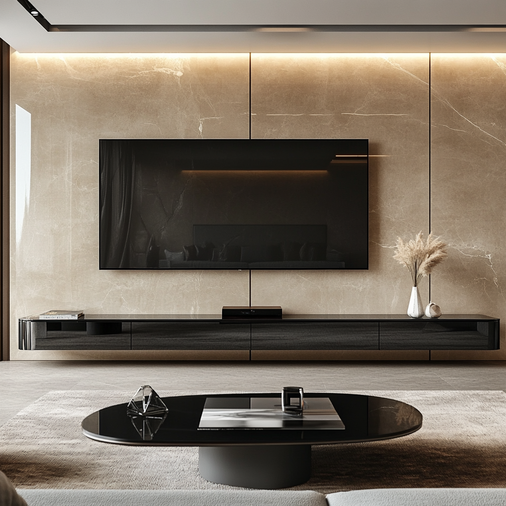 Sleek and Modern Living Room with Beige Marble Feature Wall | Material Depot