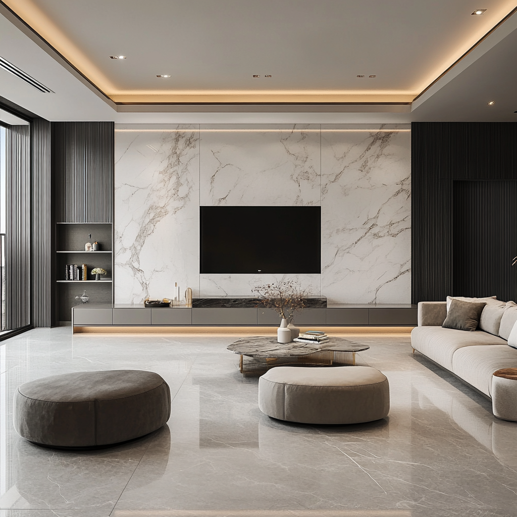 Sleek and Modern Living Room with Marble Feature Wall | Material Depot