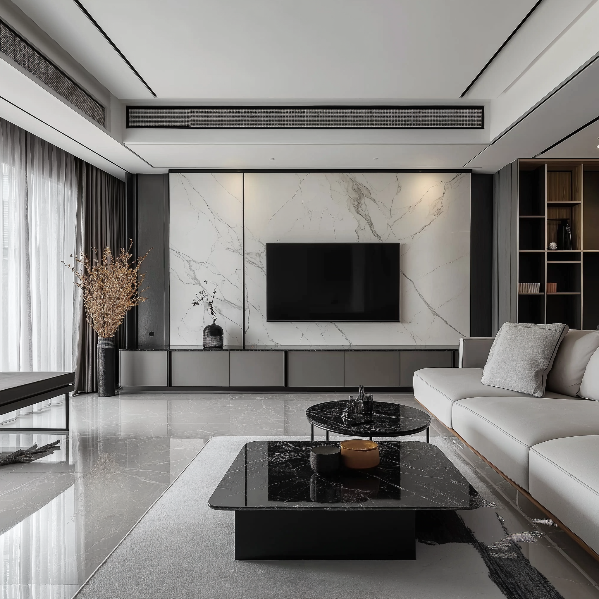 Sleek and Sophisticated: A Modern Living Room with a Marble Feature Wall | Material Depot