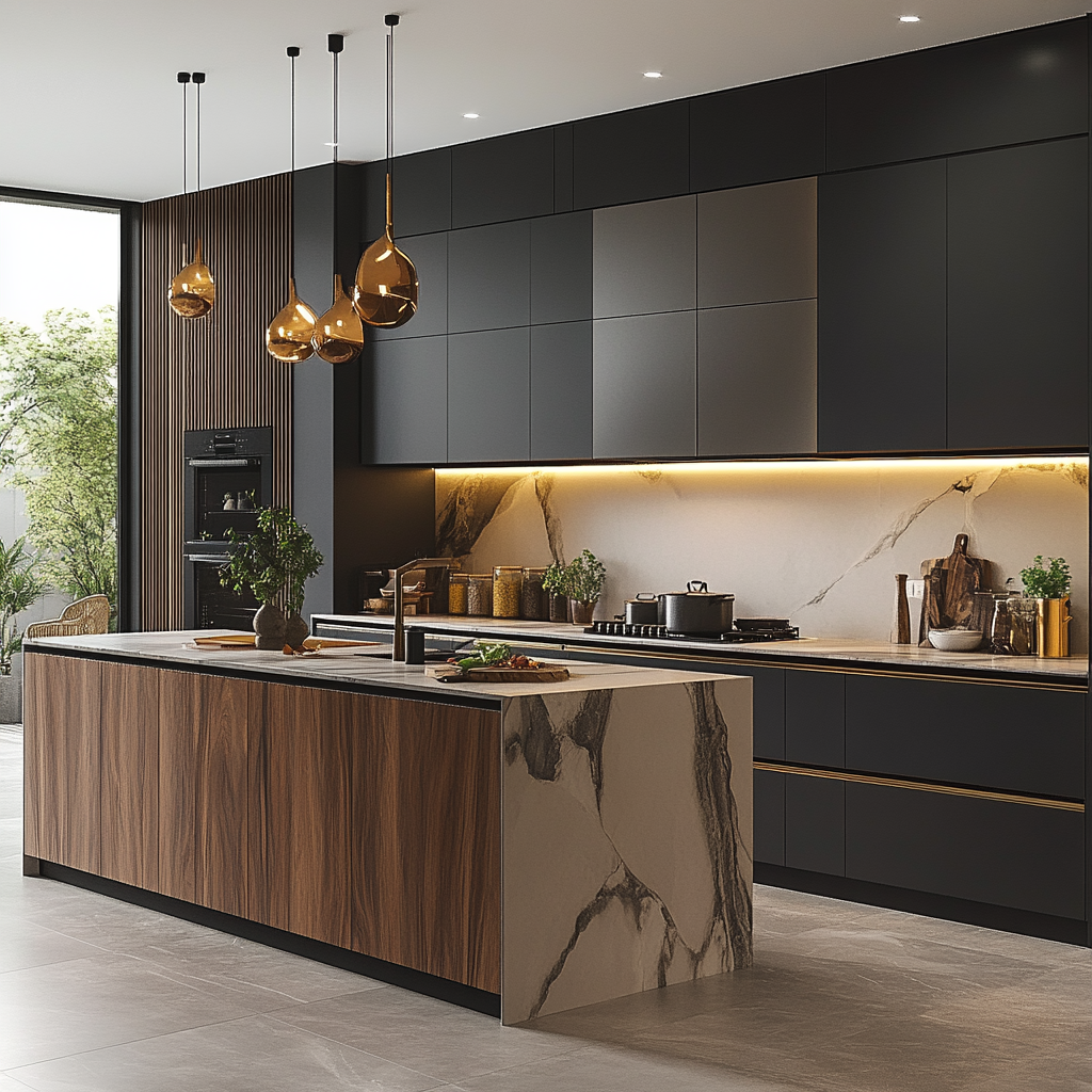 Sleek and Sophisticated Modern Kitchen with Black Cabinetry, Marble Countertops, and Warm Wood Accents | Material Depot