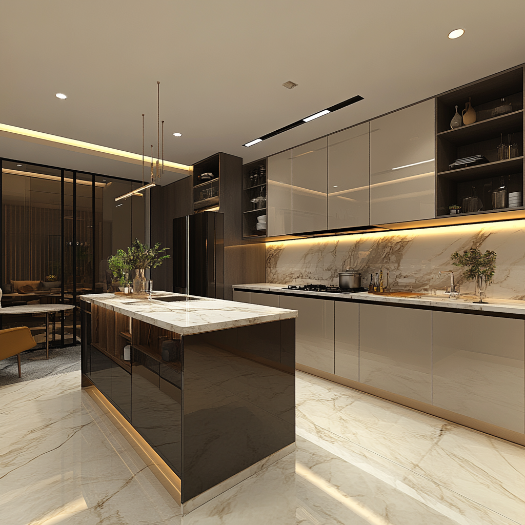 Sleek and Spacious Kitchen with Marble Features and Modern Aesthetics | Material Depot