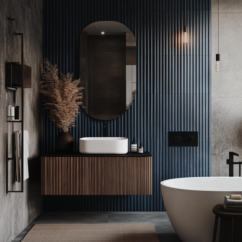 Sleek Bathroom with Fluted Panels and Elegant Dark Accents | Material Depot