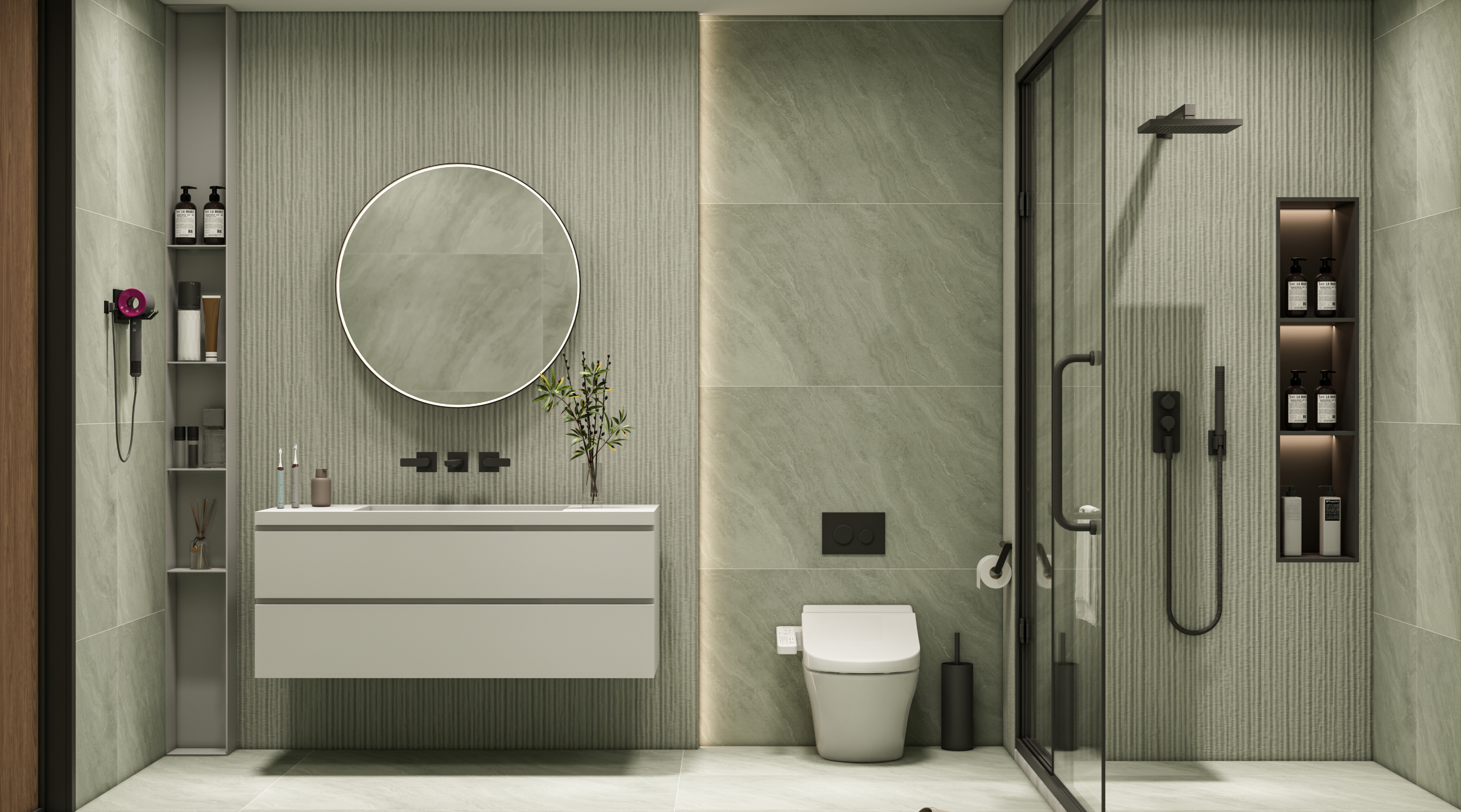 Sleek Bathroom with Sage Green Walls and Minimalist Vanity | Material Depot