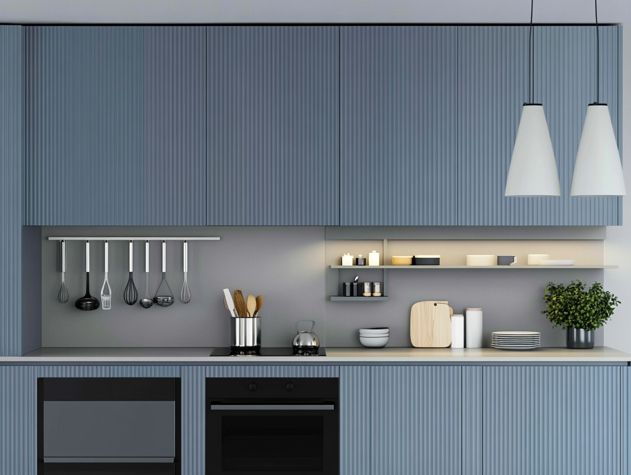 Sleek Blue Striped Kitchen with Modern Lighting | Material Depot