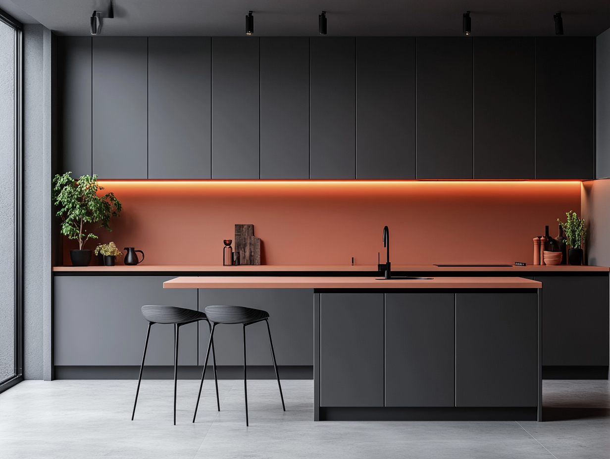 Sleek Charcoal Kitchen with Vibrant Terracotta Accents | Material Depot