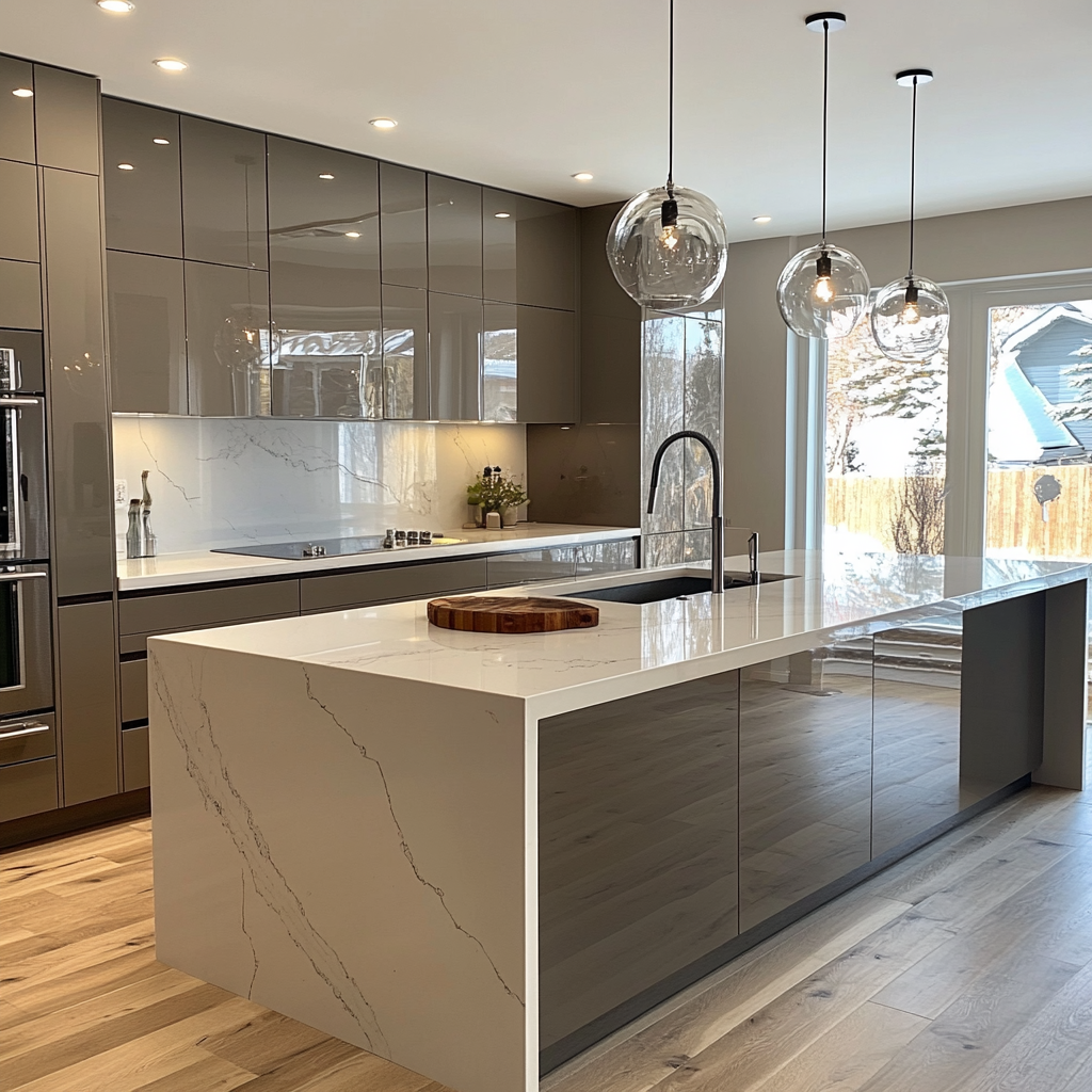 Sleek Contemporary Kitchen Featuring a Marble Island and Stylish Pendant Lights | Material Depot